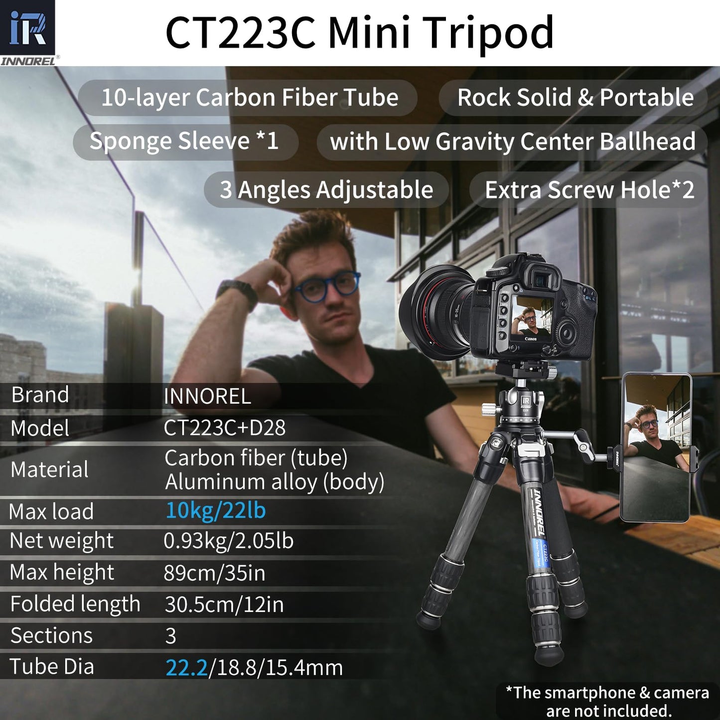 INNOREL 10-Layer Carbon Fiber Mini Tripod CT223C with 28mm Low Profile Ballhead & Center Column, Black, Tabletop Camera & Smartphone Tripod, Compact Portable, Max Load 22lb/10kg