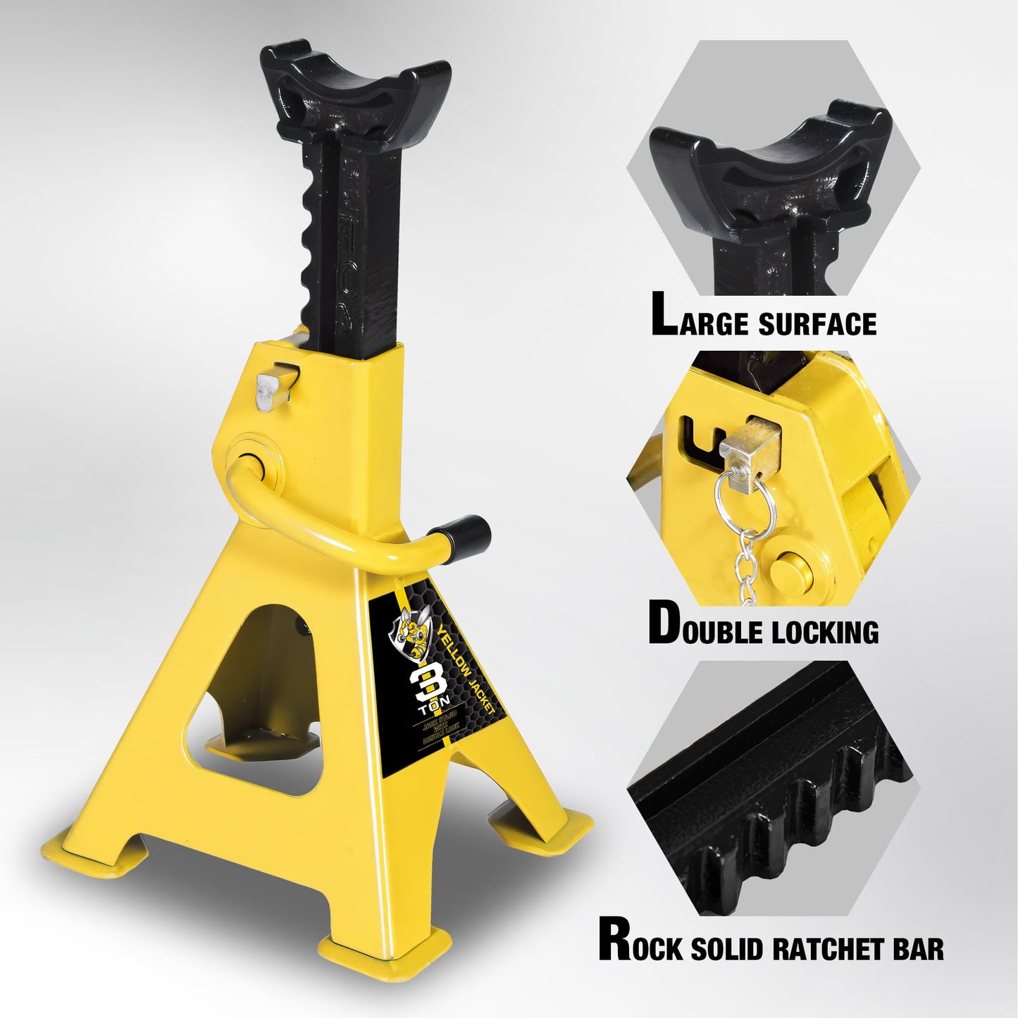 YELLOW JACKET Car Jack Stands with Double Locking and Large Foot Base for Lifting SUVS, Heavy Duty Steel, 3 Ton (6,600 lb) Capacity, 1 Pair
