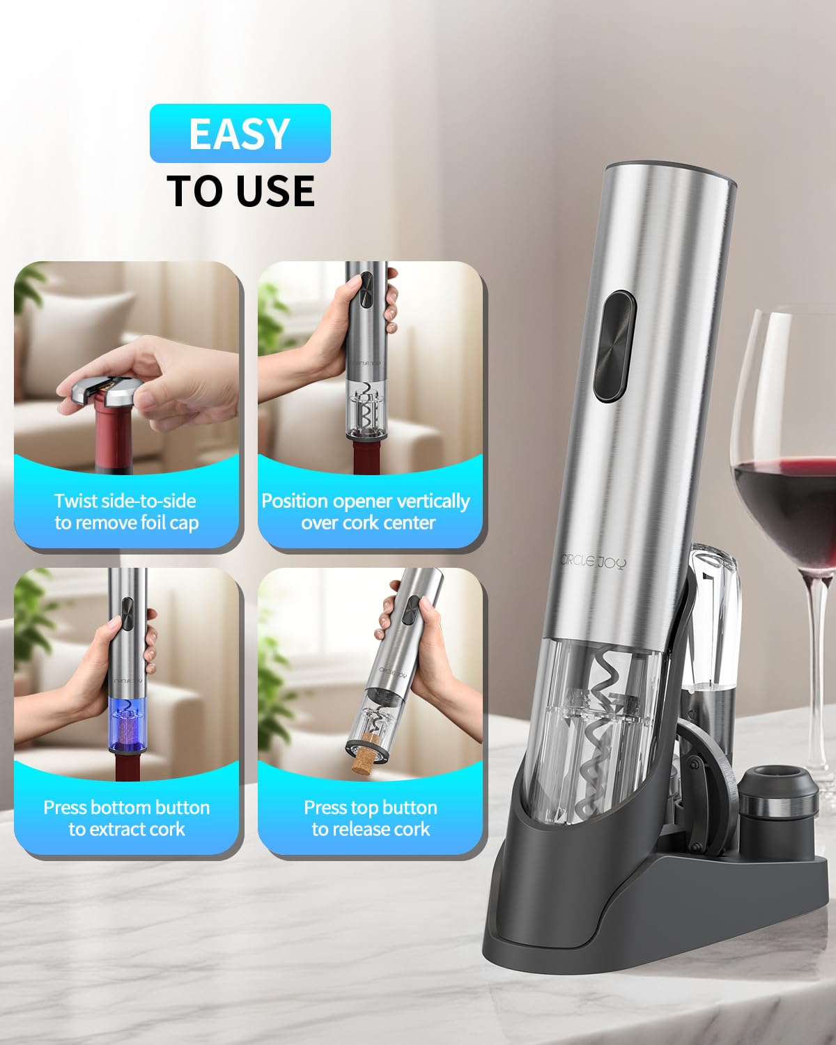 CIRCLE JOY Electric Wine Opener 7-in-1 Stainless Steel Rechargeable Electric Wine Bottle Opener Gift Set with Vacuum Pump, Foil Cutter, Wine Pourer, 2 Vacuum Stoppers & Charging Station
