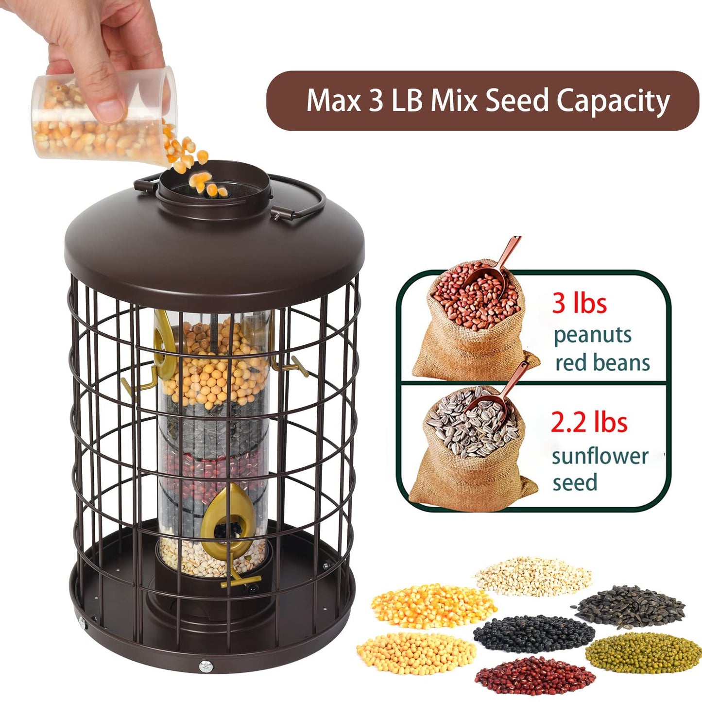 Caged Bird Feeders Metal - 3 Lbs - Squirrel-Proof Wild Bird Tube Feeder Hanging Outside, Detachable Cleaning, 4 Feed Ports(Copper)