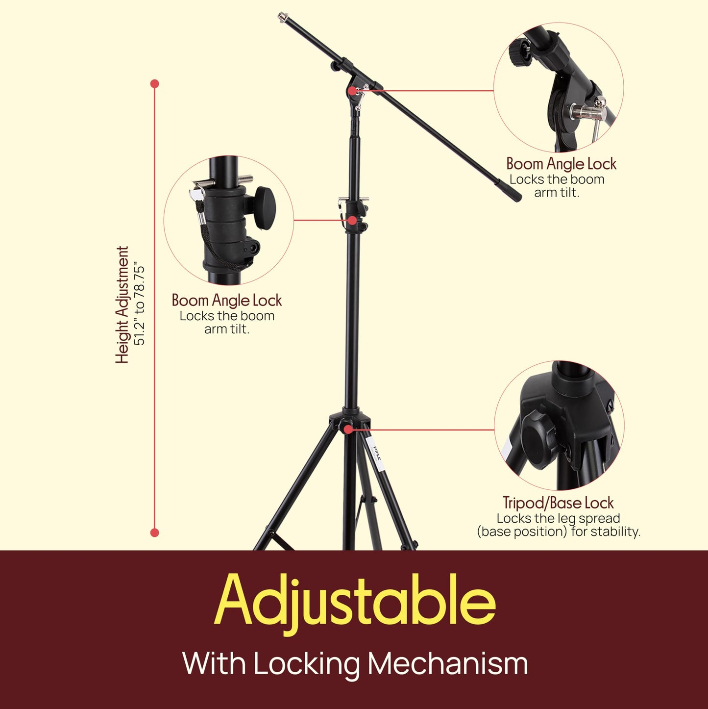 Pyle Heavy Duty Microphone Stand with Boom Arm – Adjustable Height 51”–78”, Telescoping 29.5” Boom, 5/8” Adapter, Studio & Stage Mic Stand