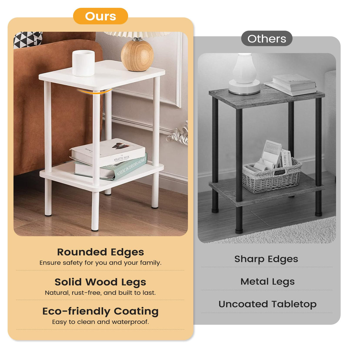 Apicizon 2 Tier End Table Set of 2, Boho Side Table with Storage Shelf, Nightstand Bedside Table for Small Spaces, Bedroom, Living Room, Entryway, Farmhouse, Easy Assembly, White