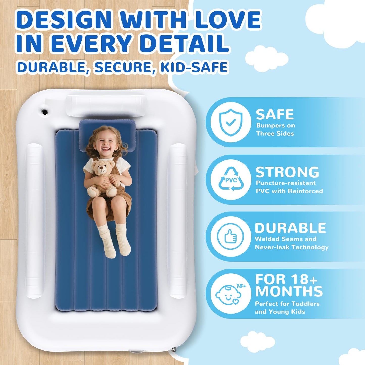 Deeteck Inflatable Toddler Travel Bed - 60 Inches Portable Toddler Bed for Travel with Safety Sides - Cozy Kids Air Mattress Set with High-Speed Pump & Carry Case - Lightweight & Easy to Inflate -Blue