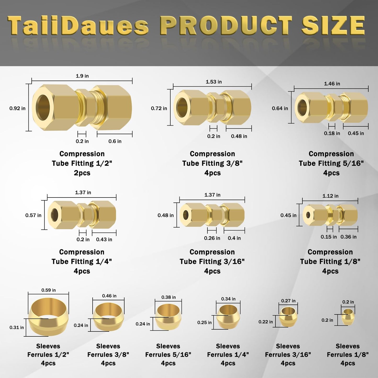 46pcs Brass Compression Tube Pipe Fittings Assortment Kit, Taiidaues 1/8" 3/16" 1/4" 5/16" 3/8" 1/2" OD Compression Union Connector & Compression Sleeves Ferrules