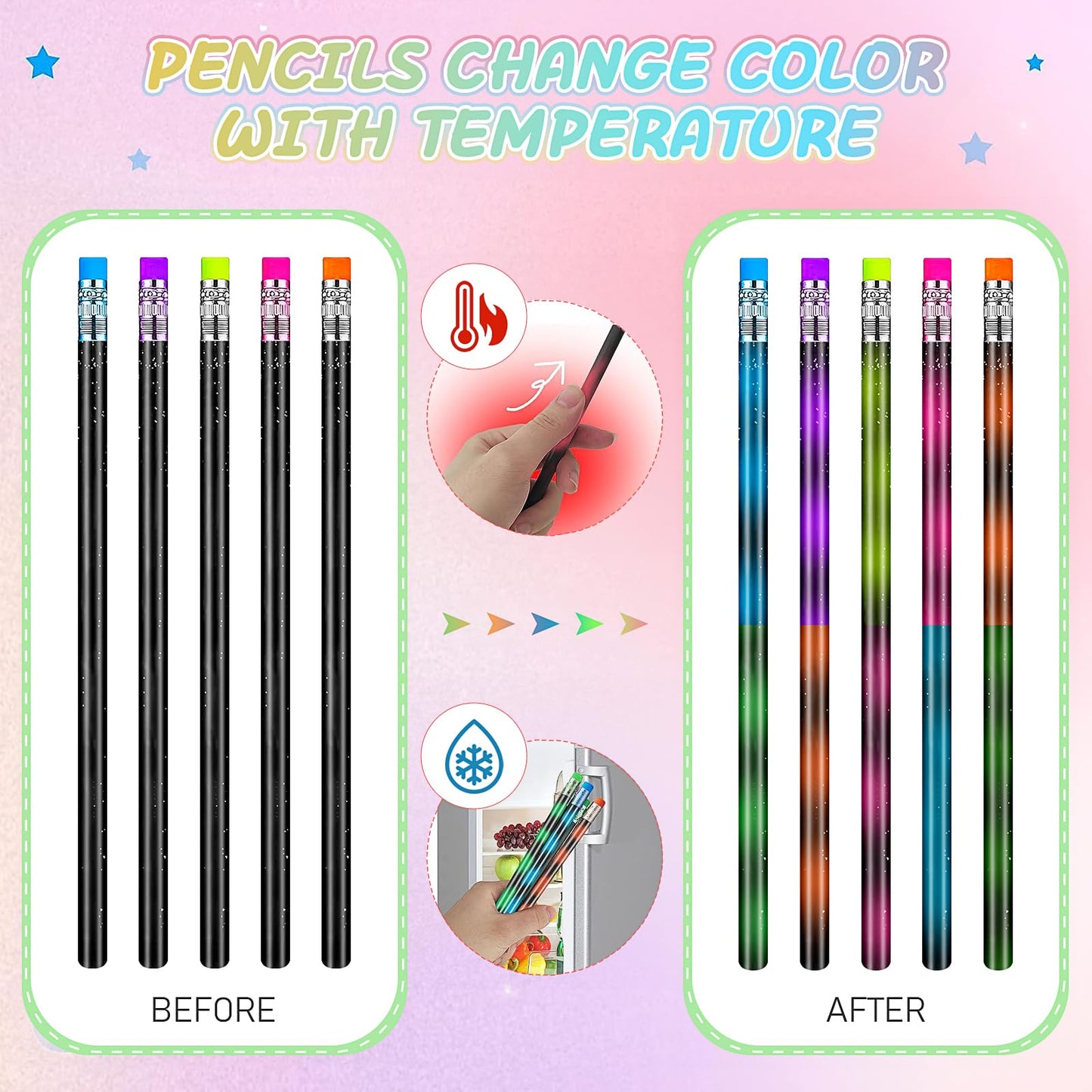 100 Pieces Color Changing Mood Metallic Glitter Pencil with Eraser Wooden Pencils Heat Activated Color Changing Pencils Thermochromic Pencils for Graduation Kids Birthday Gift Party Favors