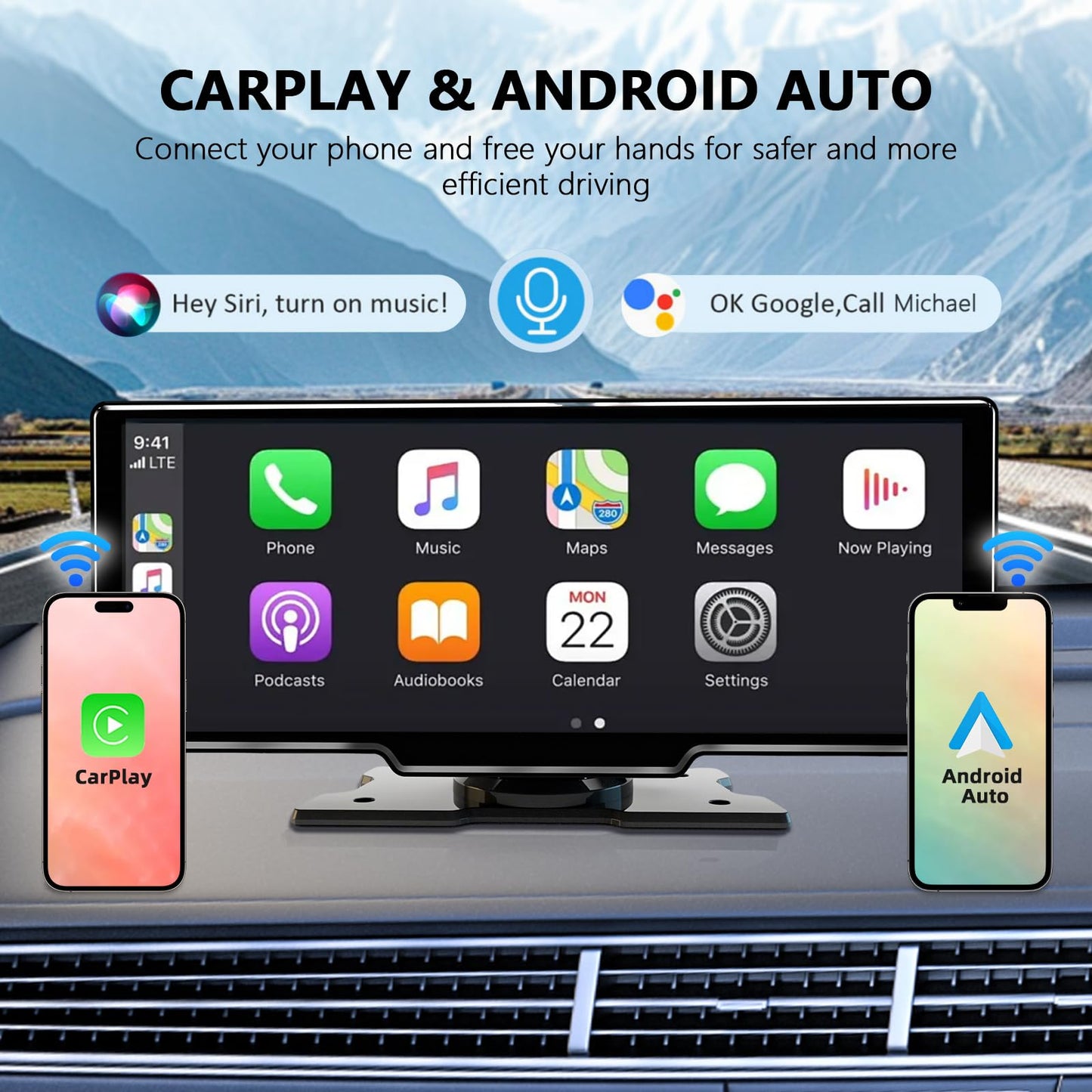 10.26 Inch Wireless Apple Carplay Screen for Car, Bluetooth Car Stereo with Apple Car Play and Android Auto Screen/1080P HD Backup Camera/FM/AUX/Mirror Link/Voice Control/GPS Navigation