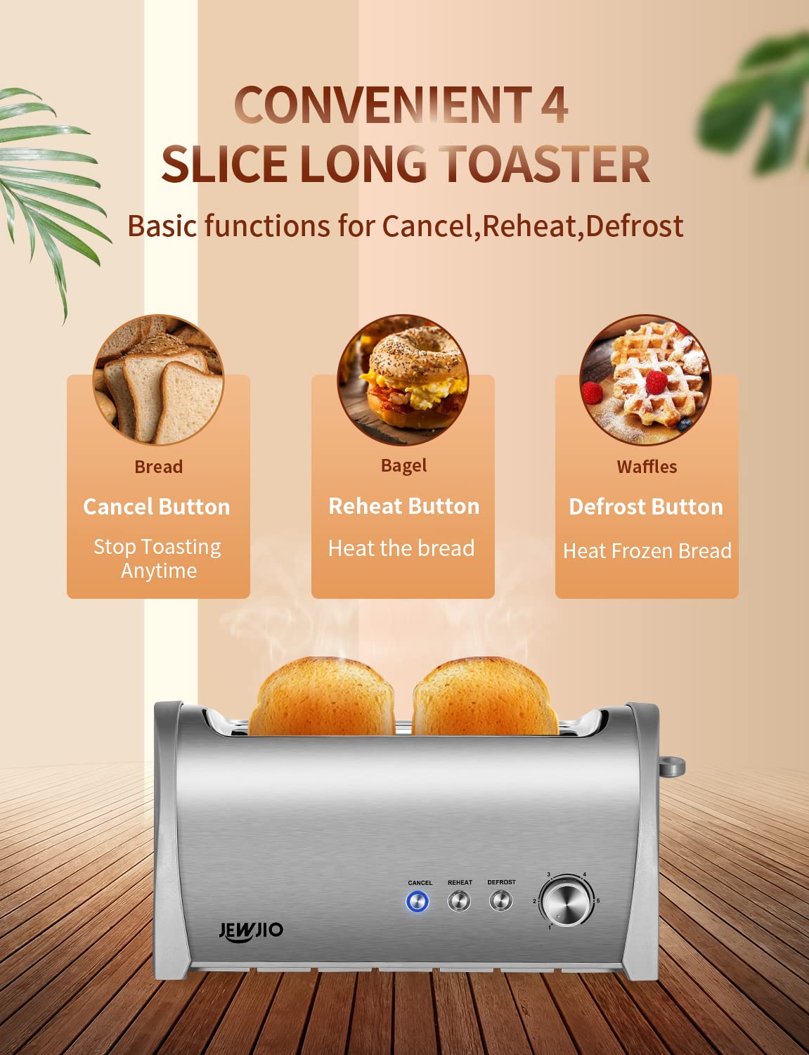 JEWJIO 4-Slice Toaster with Extra-Wide 1.25" Slots & Independent Controls | 1300W for Fast, Even Heating | Defrost, Reheat, Cancel Functions | Removable Crumb Tray Brush Silver