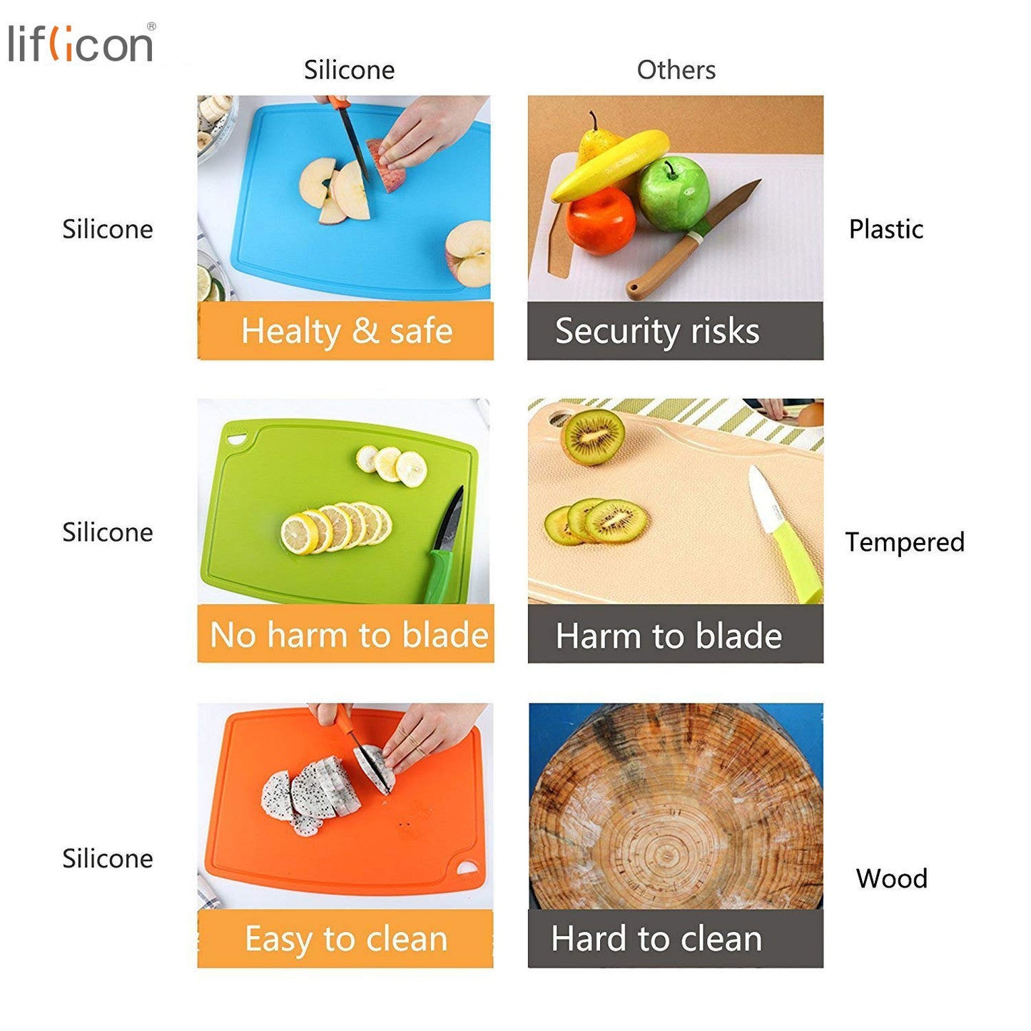 Liflicon Silicone Thick Cutting Boards Mats Set of 3pcs Foldable & Flexible Design Juice Grooves Easy Grip Handle Dishwasher Safe for Kitchen,BPA free Silicone Cutting Boards/Mats-Red