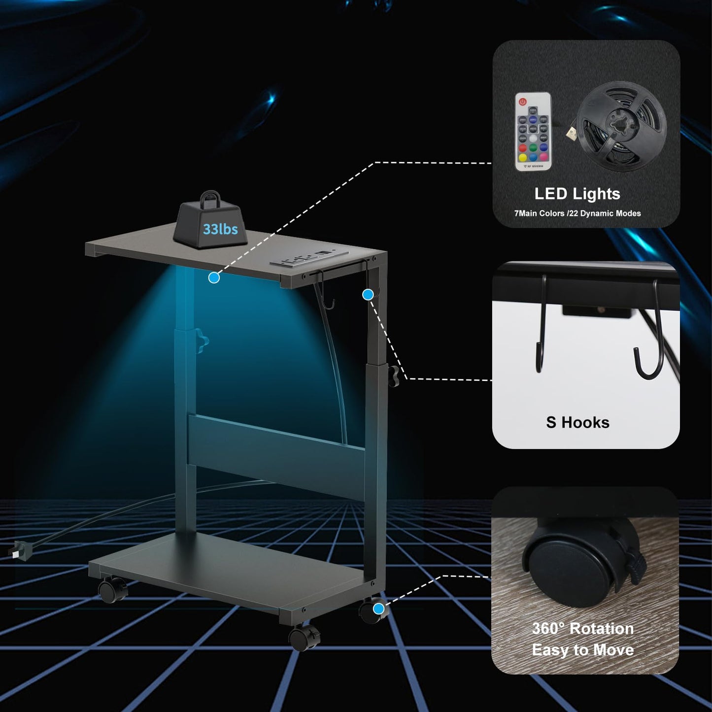 Computer Tower Stand with LED Light Strip, Mobile Rolling CPU Holder, Height Adjustable PC Tower Stand with Charging Station for Office Home (Black)