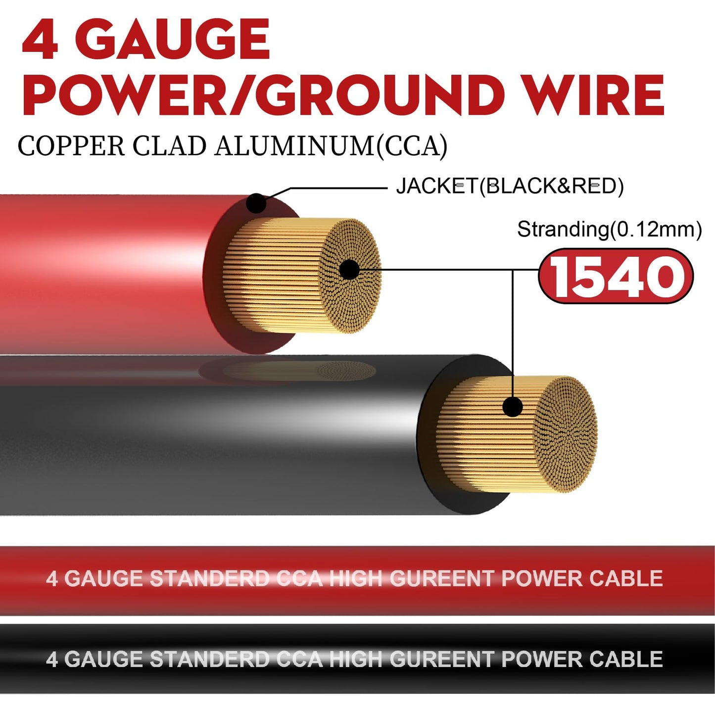 Taigoehua 50FT 4 Gauge Wire (25ft Each - Black/Red) Copper Clad Aluminum CAA,with 4ga lugs,100A ANL Fuse Holder and Heat Shrink Tube, Car Amplifier Power & Ground Cable