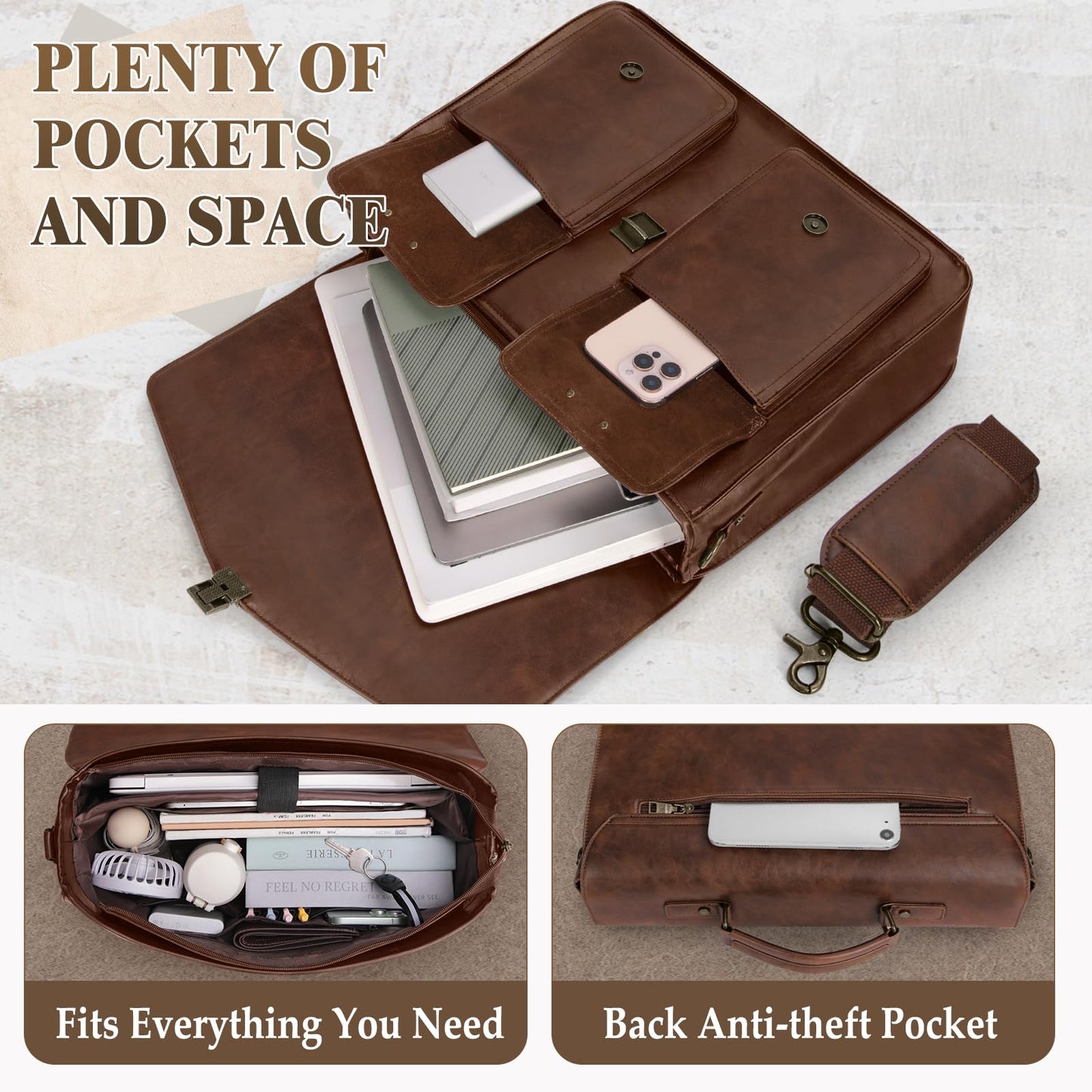 RAINSMORE Mens Messenger Bag 17 Inch Laptop Briefcase Waterproof Leather Satchel Bag Professional Computer Shoulder Bag for Work, Office, Travel, Business, College, Brown