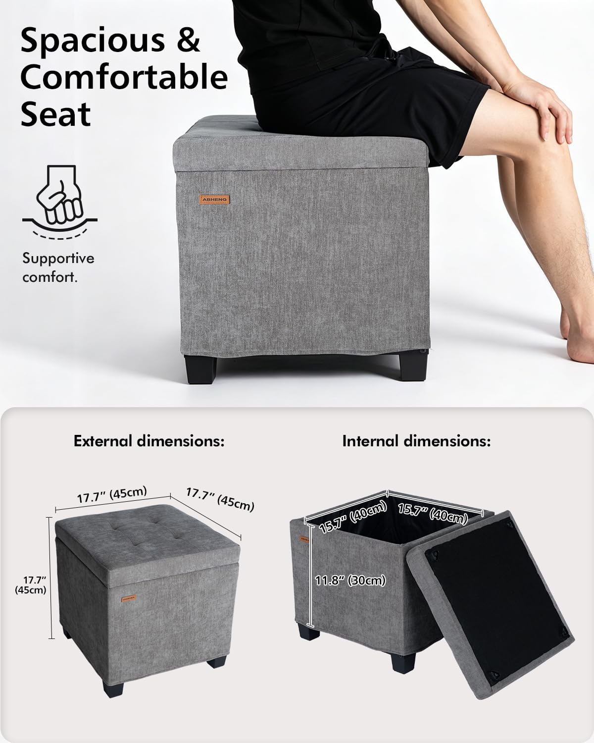 ABHENG Steel Frame Square Storage Ottoman Cube 45 x 45 x 45 cm,Tufted Upholstered Foot Stool Footrest with Legs,for Dorm Living Room Chenille Gray CASND641G