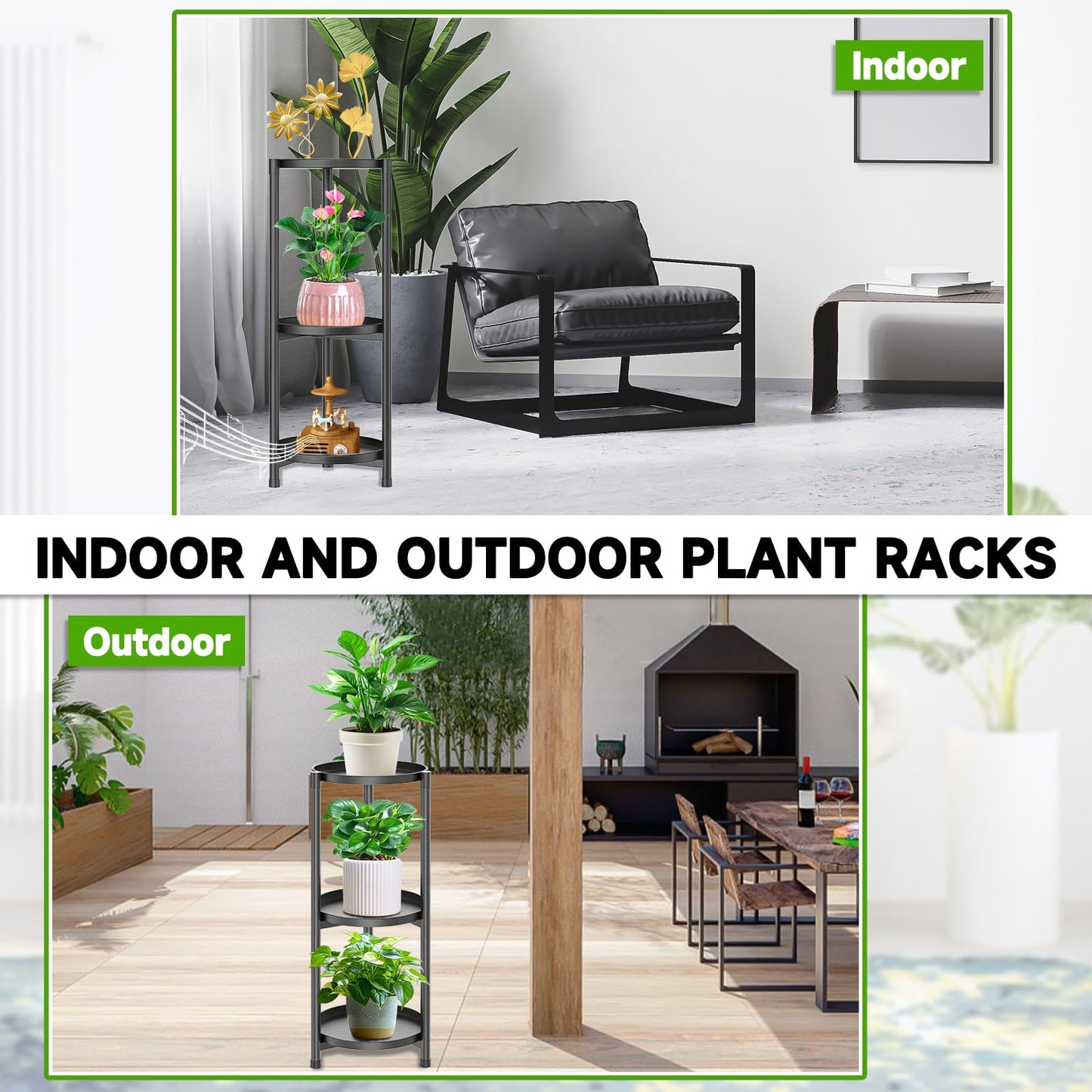 MeyRolizn 3 Tiered Plant Stand Indoor Outdoor, Metal Corner Plant Stand Plant Shelf Tables, Heavy Duty Flower Shelf Display Rack for Indoor Living Balcony Patio Garden Bedroom Classroom, Black (Black-A)
