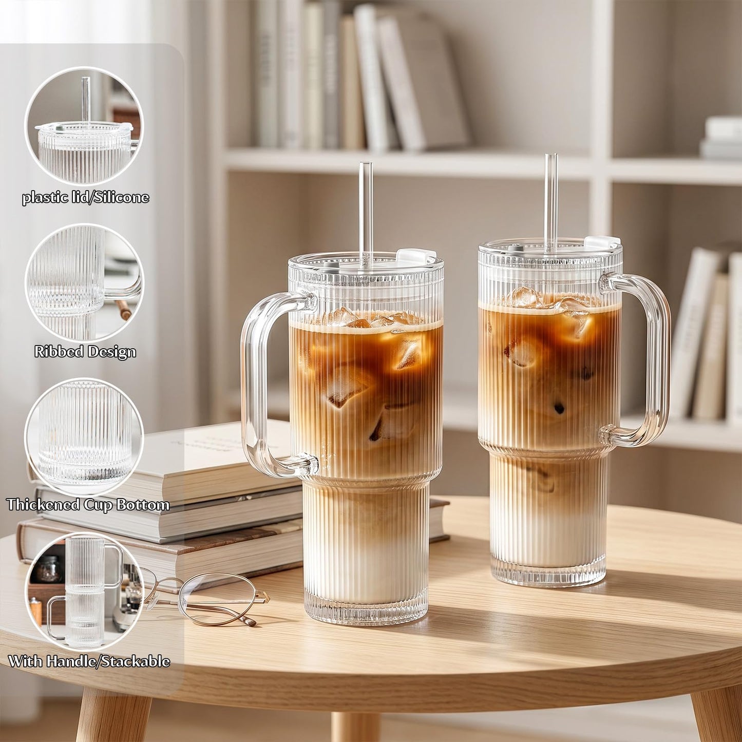 INSETLAN 26oz Ribbed Glass Tumbler with Handle & Lid – 2-Pack Large Iced Coffee Cups with Straws, Modern Glass Mug for Cold & Hot Beverages, Aesthetic Travel Cup for Smoothies, Tea, and Juice