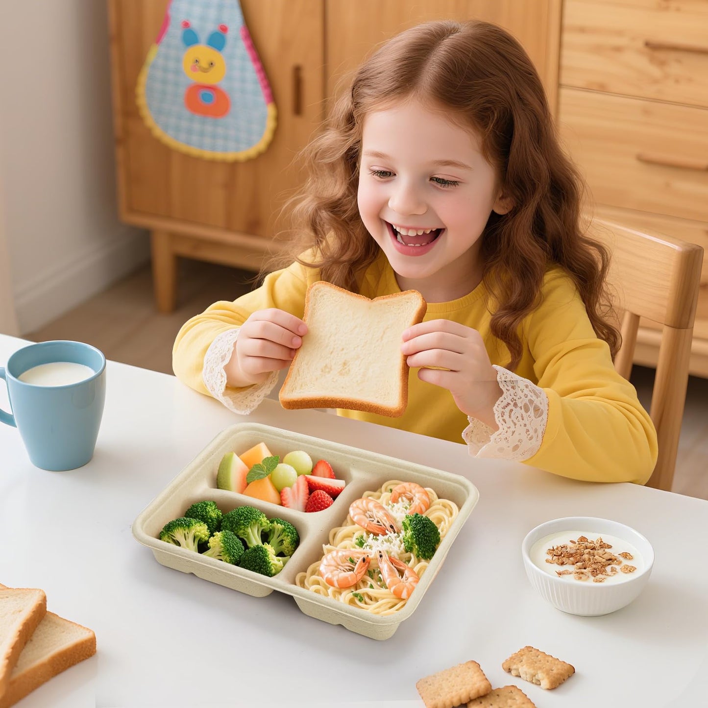 Yesland 100 Pack Compostable Paper Plates, Natural Sugarcane 3 Compartment Plate, Heavy Duty Lunch Tray, Disposable Divided Sectional Trays, Microwave Freezer Safe for Party School