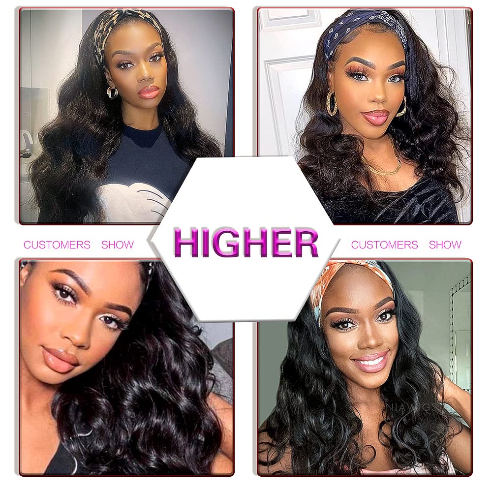 Headband Wig Human Hair Body Wave Headband Wigs for Black Women 16 Inch Brazilian Human Hair Wigs Body Wave Headband Wig Glueless None Lace Front Wigs Wear and Go Wigs 150% Density Natural Color