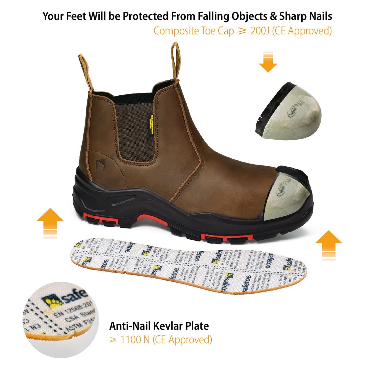 Mens Work Boots Composite Toe Chelsea Safety Boots Slip On Cow Leather Waterproof Lightweight Working Boots