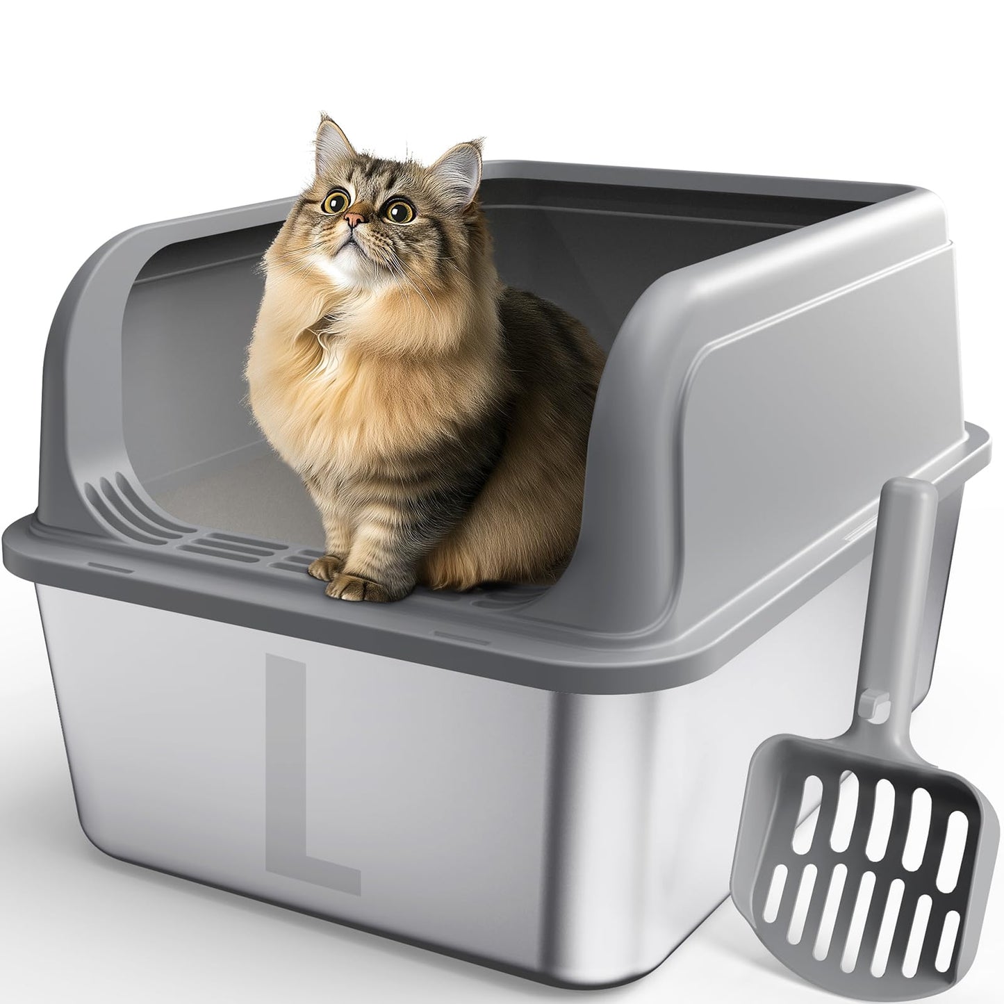 Powools Stainless Steel Cat Litter Box, Metal Kitty Litter Box with Scoop, Anti-Leakage Top Entry, Non-Sticky, Easy to Clean, Grey, L (1 Pack)