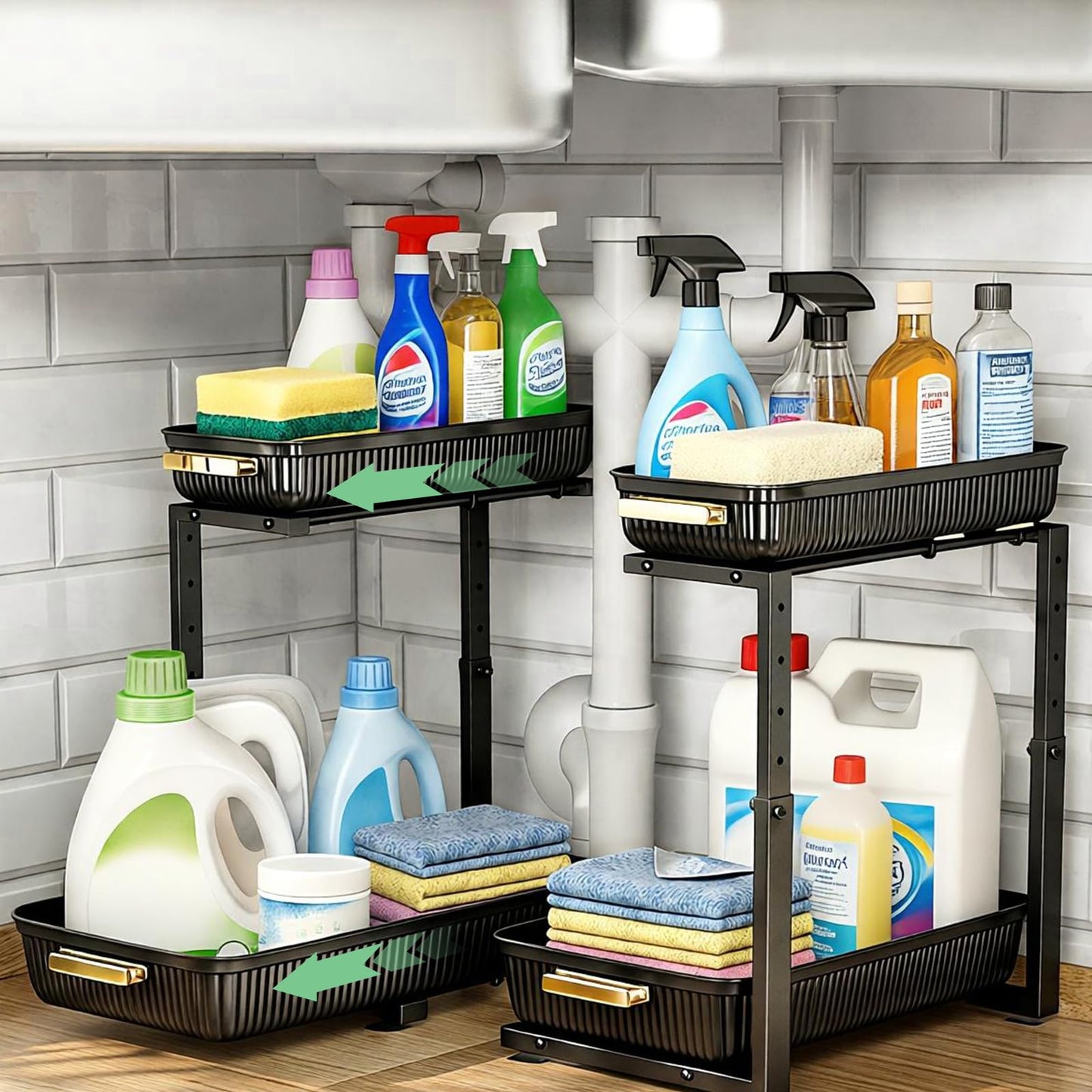 SNSLXH Under Sink Organizer 2 Pack, 2 Tier Pull Out Bathroom Storage Organizers, Kitchen Cabinet Organizers and Storage, Multi-Purpose Home & Kitchen Essentials, Black