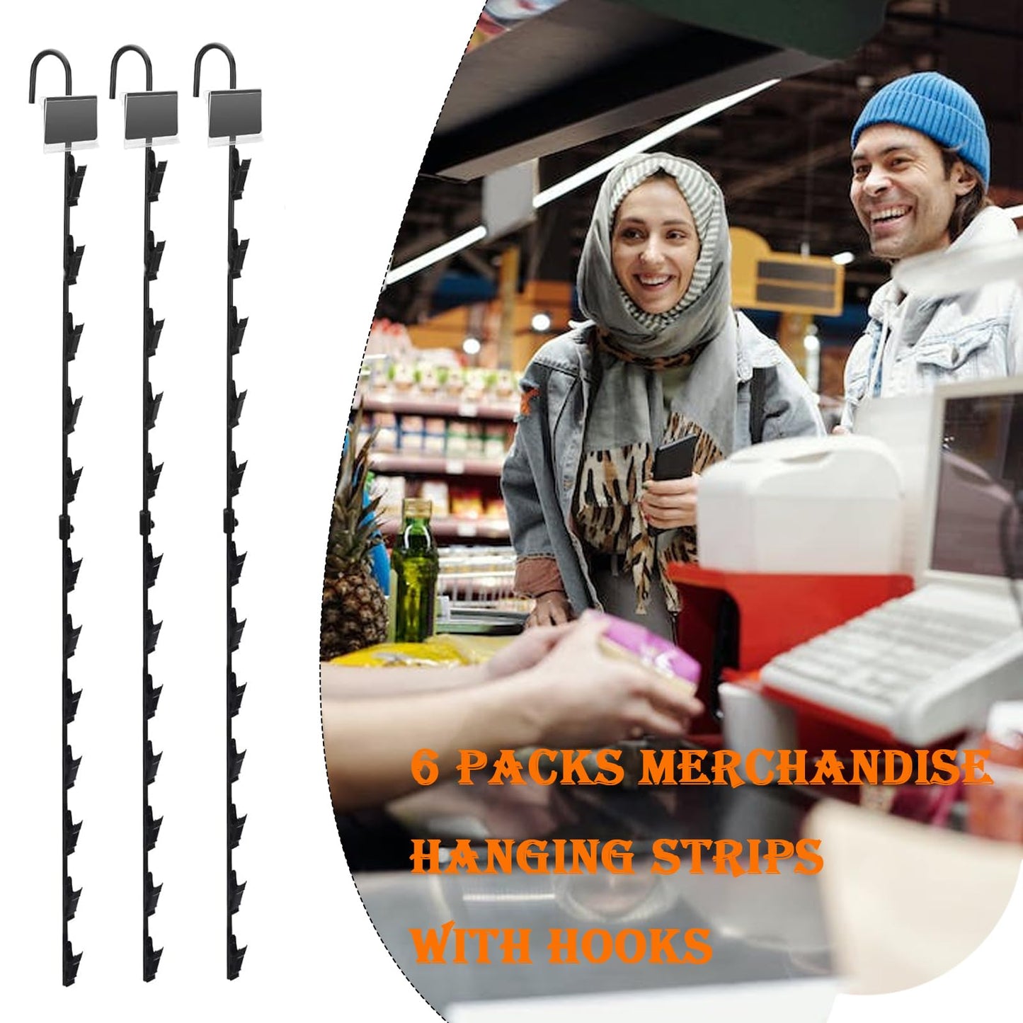 6 Packs Merchandise Hanging Strips with Hooks,Metal Chip Retail Display Strips, Merchandise Display Hanging Strips with 6pcs Label Plate and a Phillips Screwdriver