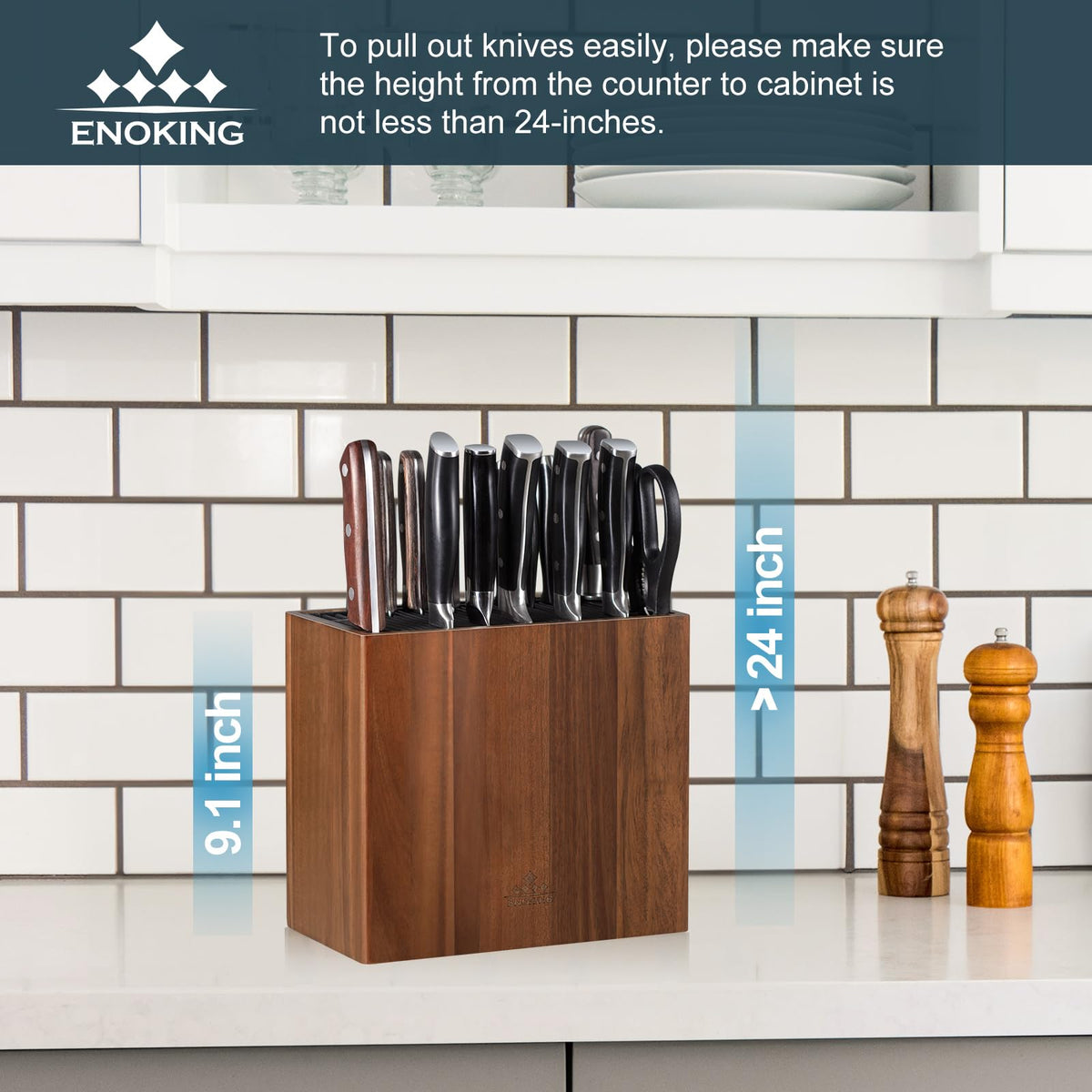 ENOKING XXL Acacia Wood Universal Knife Holder with Slots – Safe, Space-Saving Kitchen Knife Block with Blade-Protecting Slots for Scissors, Sharpening Rod, and Knife Storage Organizer