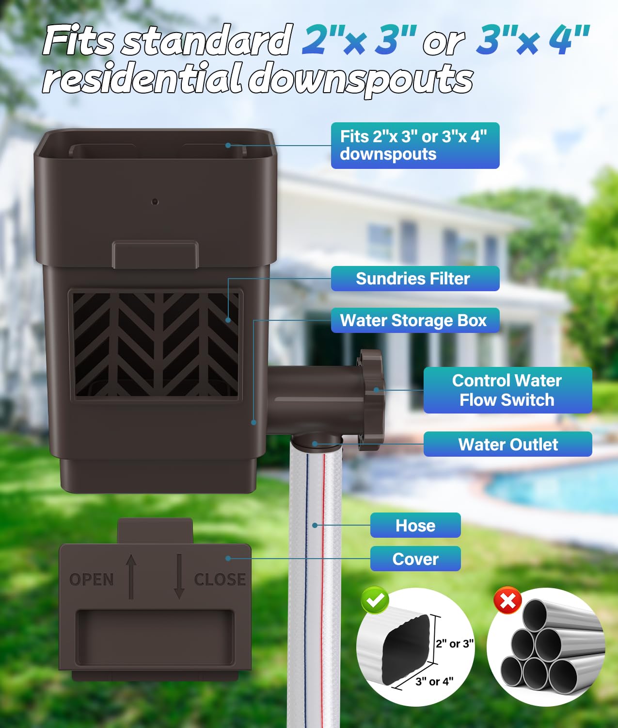 2026 Upgraded Rain Barrel Diverter Kit, Rainwater Collection System for 2''x3'' & 3''x4'' Downspout, Gutter Diverter for Rain Barrel with Enhanced Water Capacity, Filter, Adjustable Valve, Brown