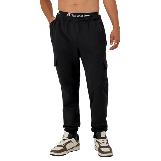 Champion Cargo, Powerblend, Fleece Midweight Men's Joggers (Reg. Or Big & Tall), Black C Patch Logo, Medium