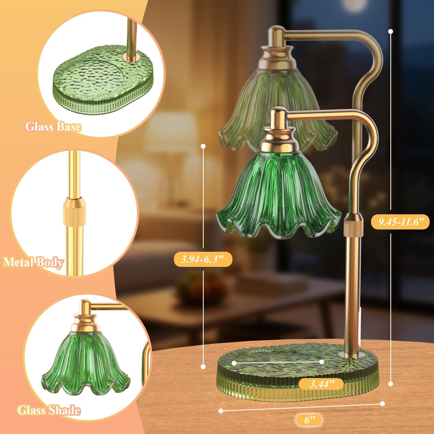 Candle Warmer Lamp with Adjustable Height & Timer - 4-Level Dimmable Wax Warmer for Jar Candles, Includes 2 Bulbs, Elegant Home Decor Gift (Green)