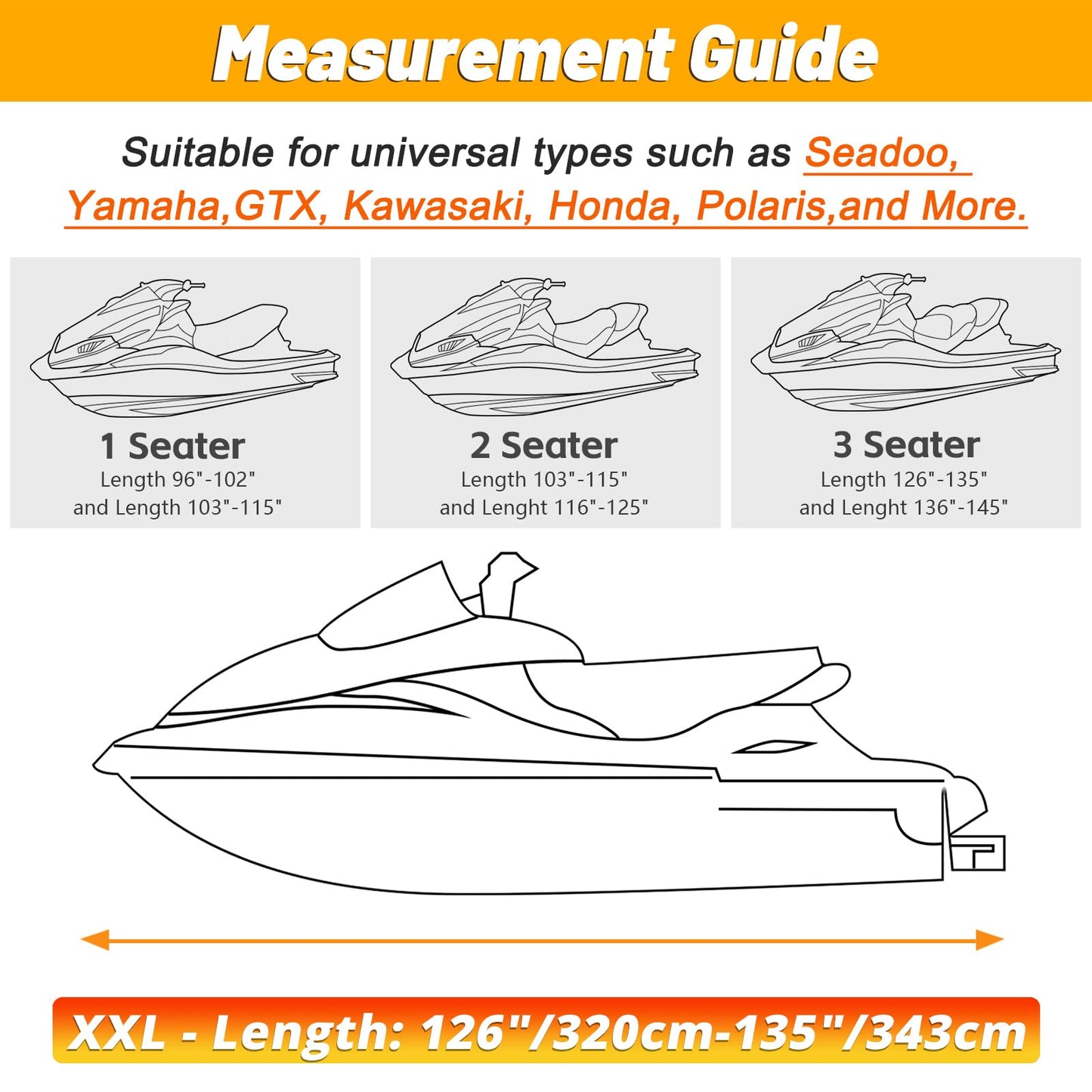 XYZCTEM Trailerable Jet Ski Cover, Waterproof Upgraded Oxford Fabric Personal Watercraft Cover with Reflective Air Vent, Fits Seadoo, Yamaha, GTX, Kawasaki, Honda, Polaris (3 Seater 126" to 135" L)