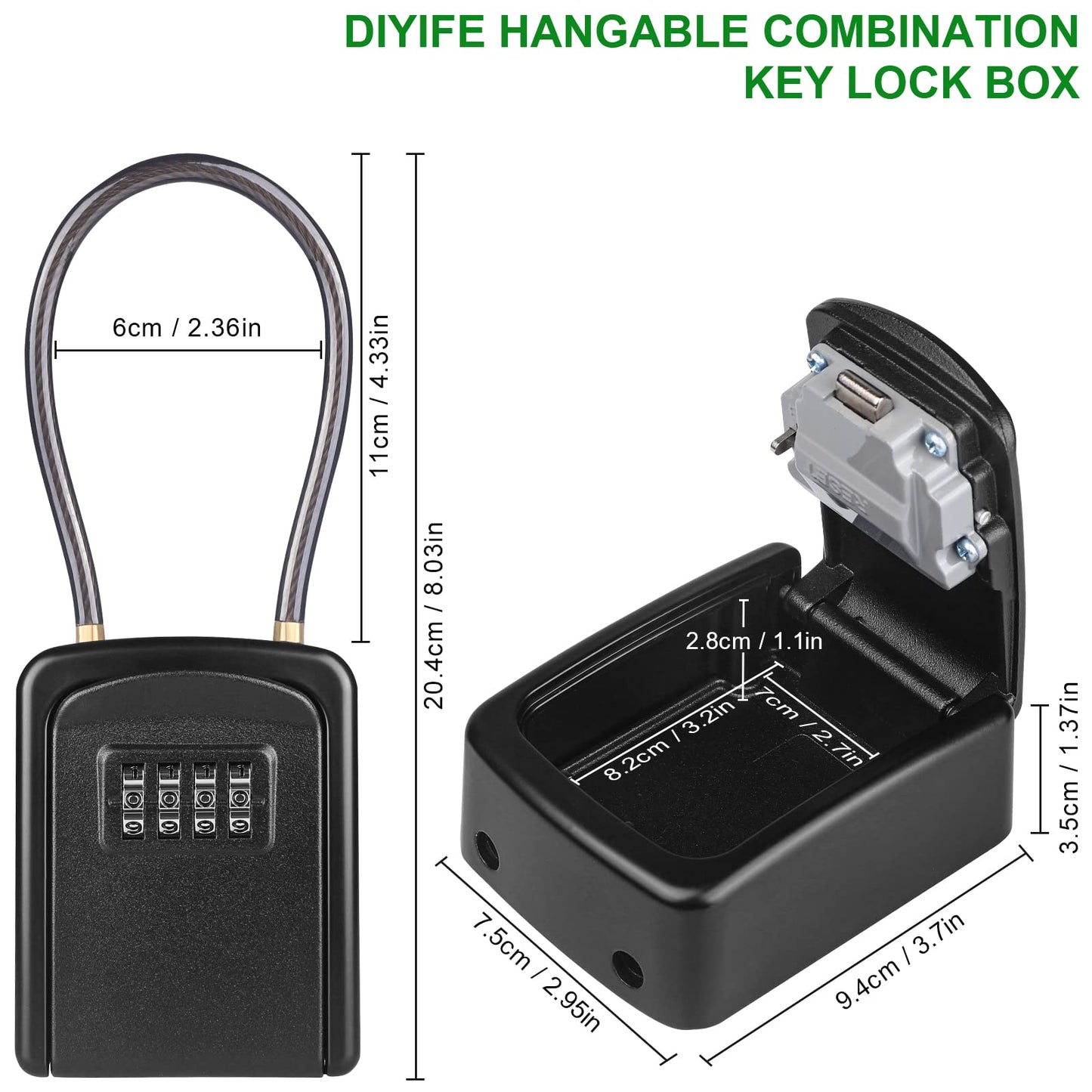 Key Lock Box, [New Version] [Flexible Rope] Diyife Portable Outdoor Lock Box for Keys with Removable Chain, Weatherproof 4-Digit Combination Key Safe for Home Garage AirBnb Office [2 Packs, Black]
