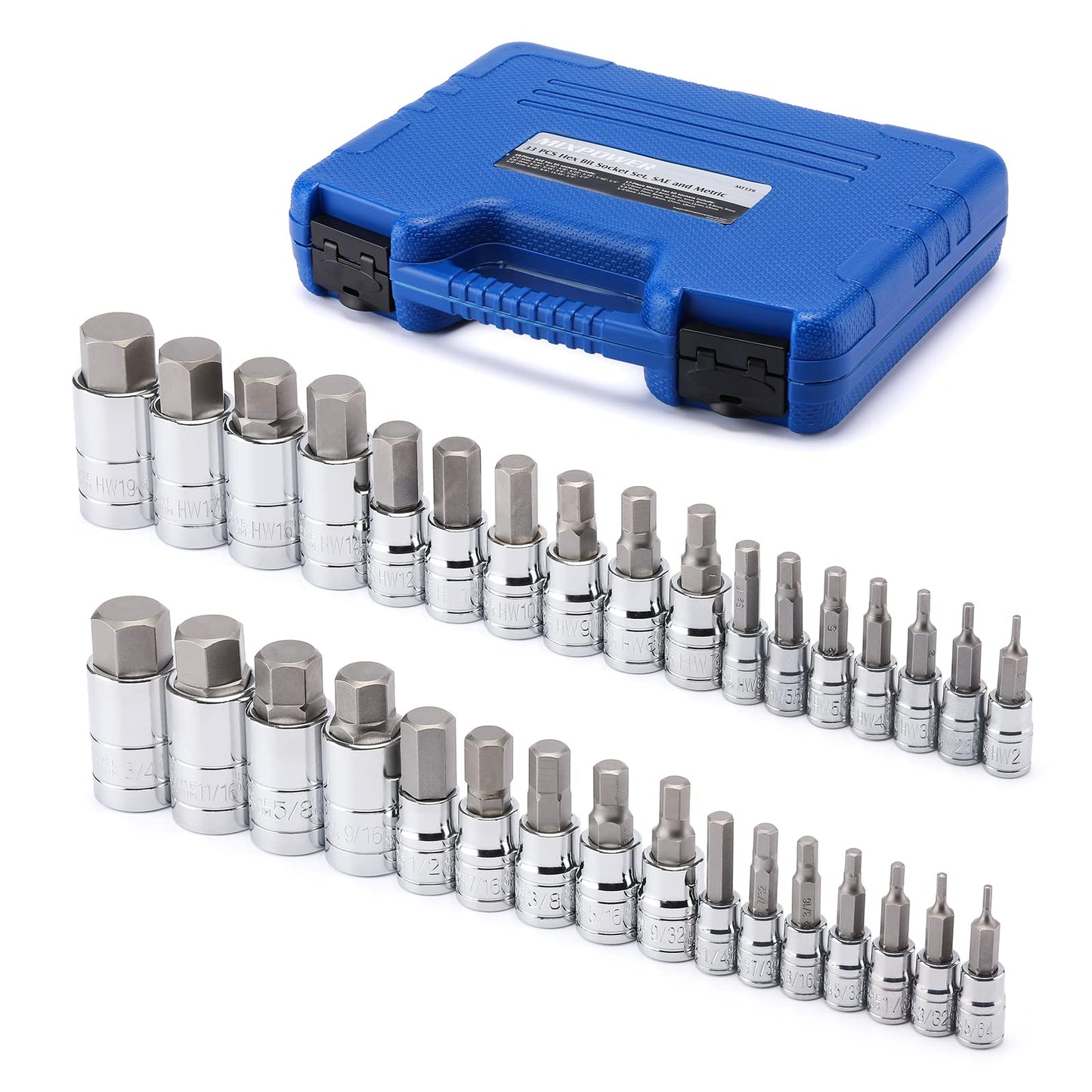 MIXPOWER 33 Piece Master Hex Bit Socket Set, S2 Steel, SAE and Metric, Allen Socket Bit, 5/64-inch to 3/4-inch, 2mm to 19mm Socket Tool Kit