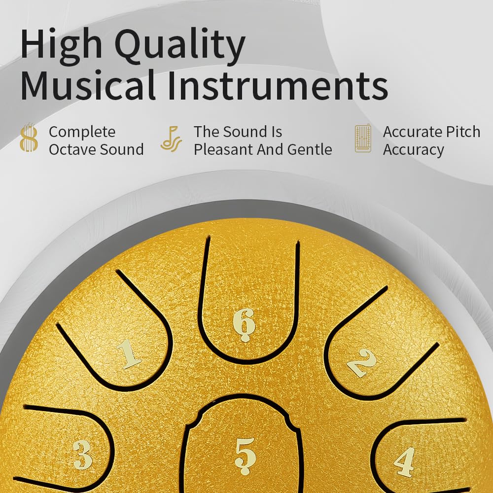 Rain Drum for Outside Garden,Steel Tongue Drum 6 Inche 8 Note Steel Drums Rain Chime,with Soft Bag,Music Book (Yellow, 6 Inch 11 Note)