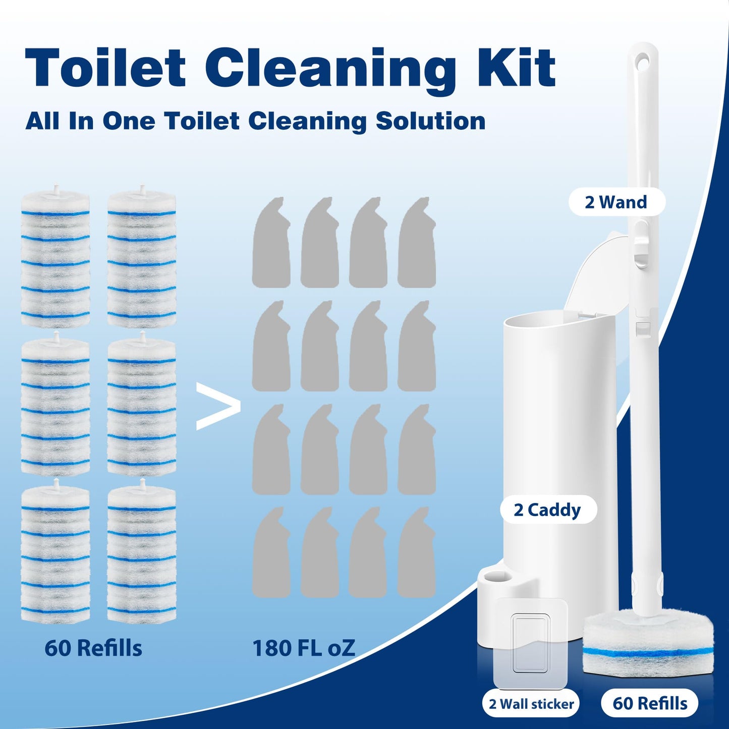 2 Pack Disposable Toilet Brush Set with 60 Refills, Wall-mounted Toilet Bowl Wand Kit-2 Extend Toliet Wand, 2 Storage Holder&60 Disposable Refill Pre-Filled Cleaning Solution for Deep Cleaning Toilet.