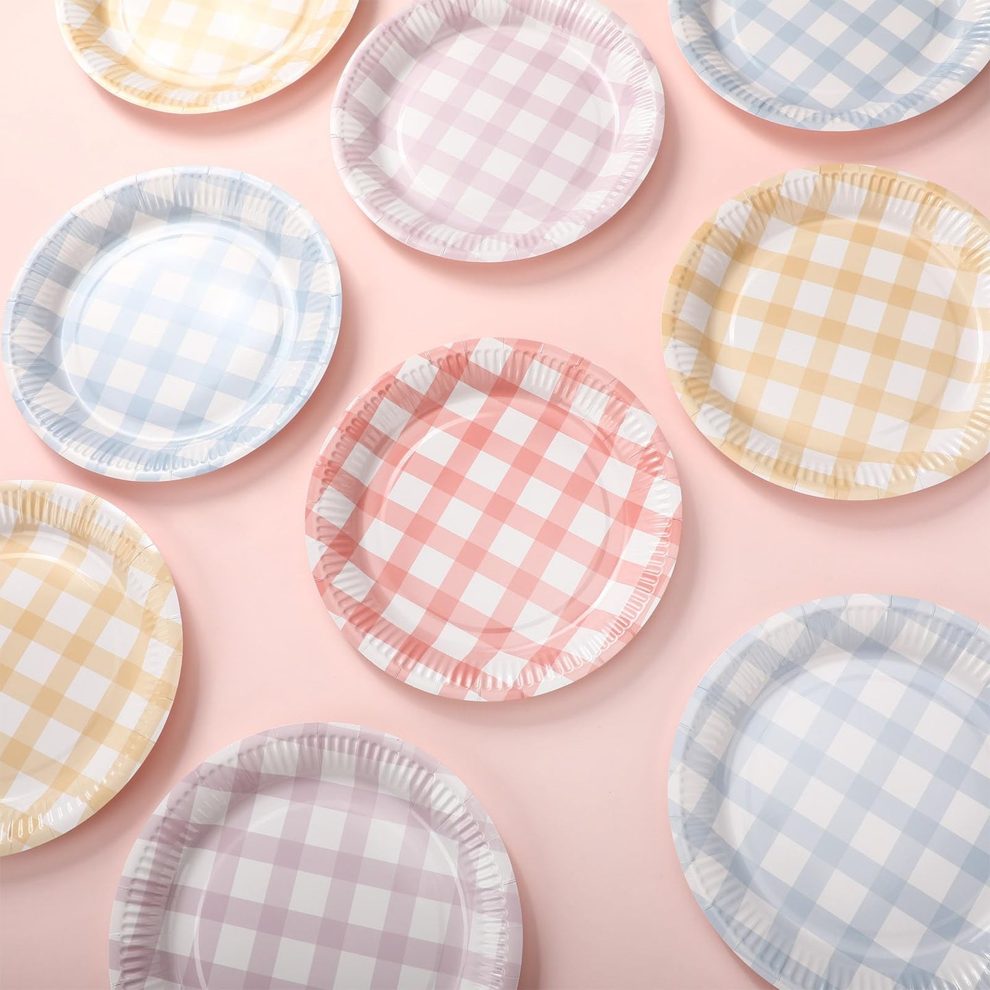 Tioncy 40 Pieces Gingham Cake Dessert Paper Plates 9 Inch Pastel Round Picnic Paper Plates Disposable Checkered Dinnerware Tableware for Picnic Wedding Birthdays Baby Shower Camping Party 4 Colors