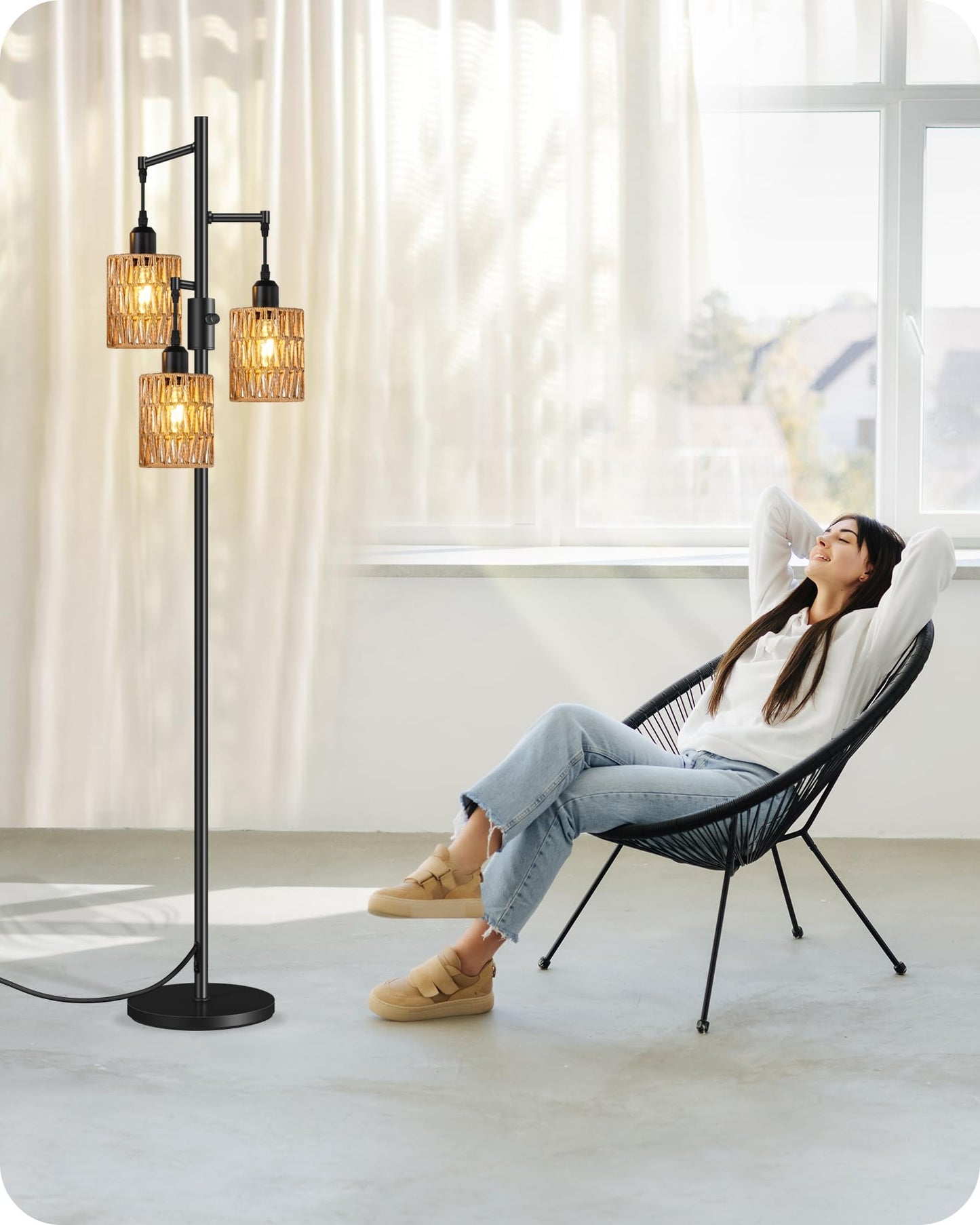 GOEBLESON Dimmable Floor Lamp, Farmhouse 178CM Tall Standing Tree Lamp with 3 Rope Woven Bamboo Lampshades, Boho Rattan Floor Lights, 4W 3 LED Bulbs Included, for Living Room, Bedroom, Study, B03LD05