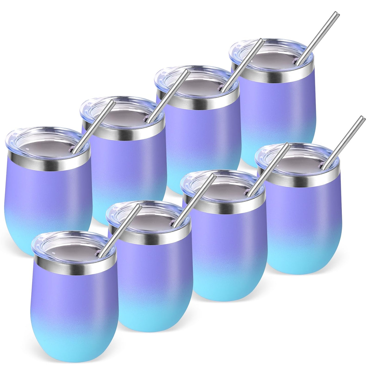 Volhoply 12oz Stainless Steel Wine Tumbler with Lid Bulk 8 Pack,Double Wall Vacuum Stemless Wine Glasses,Reusable Metal Travel Coffee Mug with Straw,Insulated Cup Gift for Christmas（Purple Bule,8 Set）