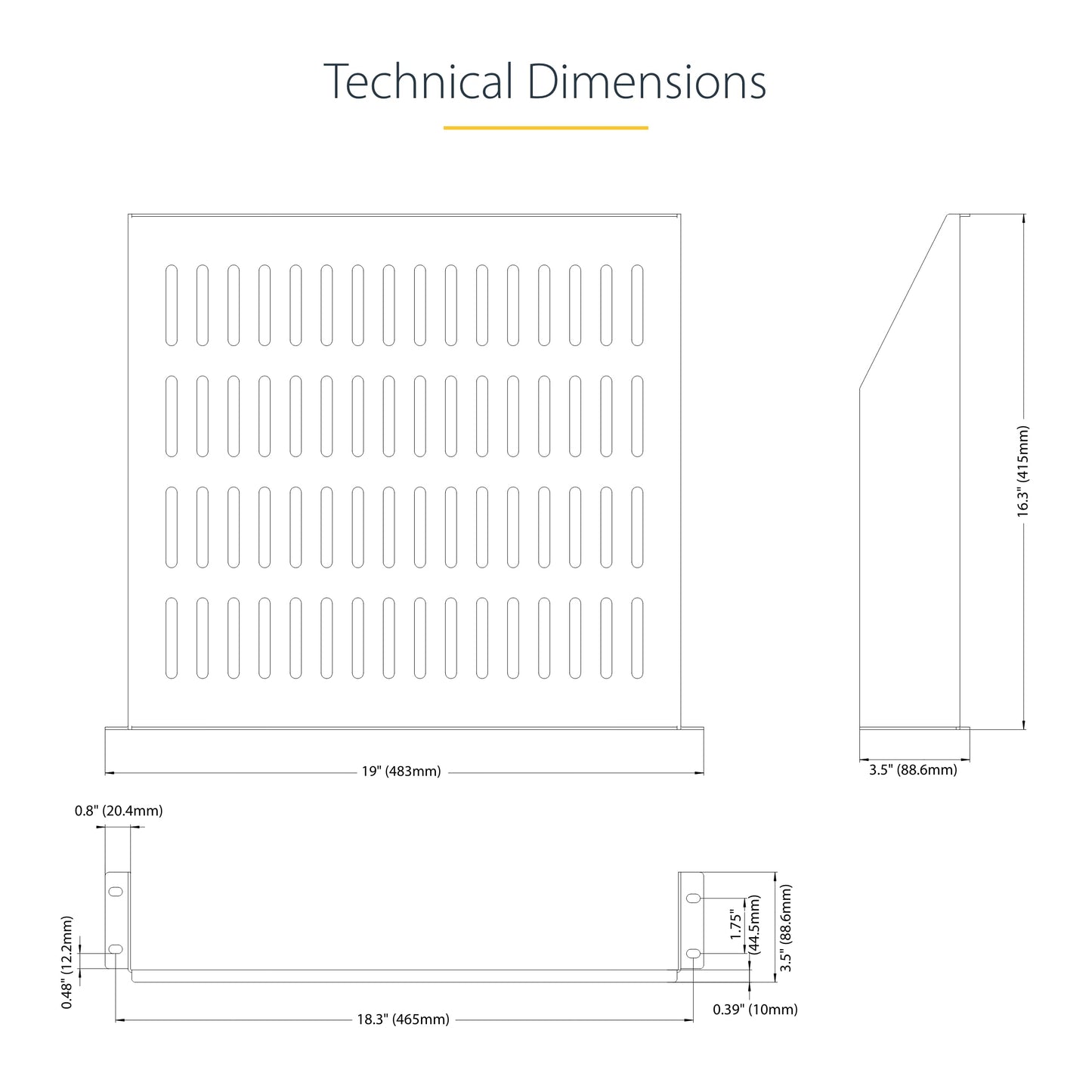 StarTech.com 2U Vented Server Rack Shelf, 16in/41.5cm Mounting Depth, for 19" Rack/Cabinet, SPCC Steel, Max 44lb/20kg