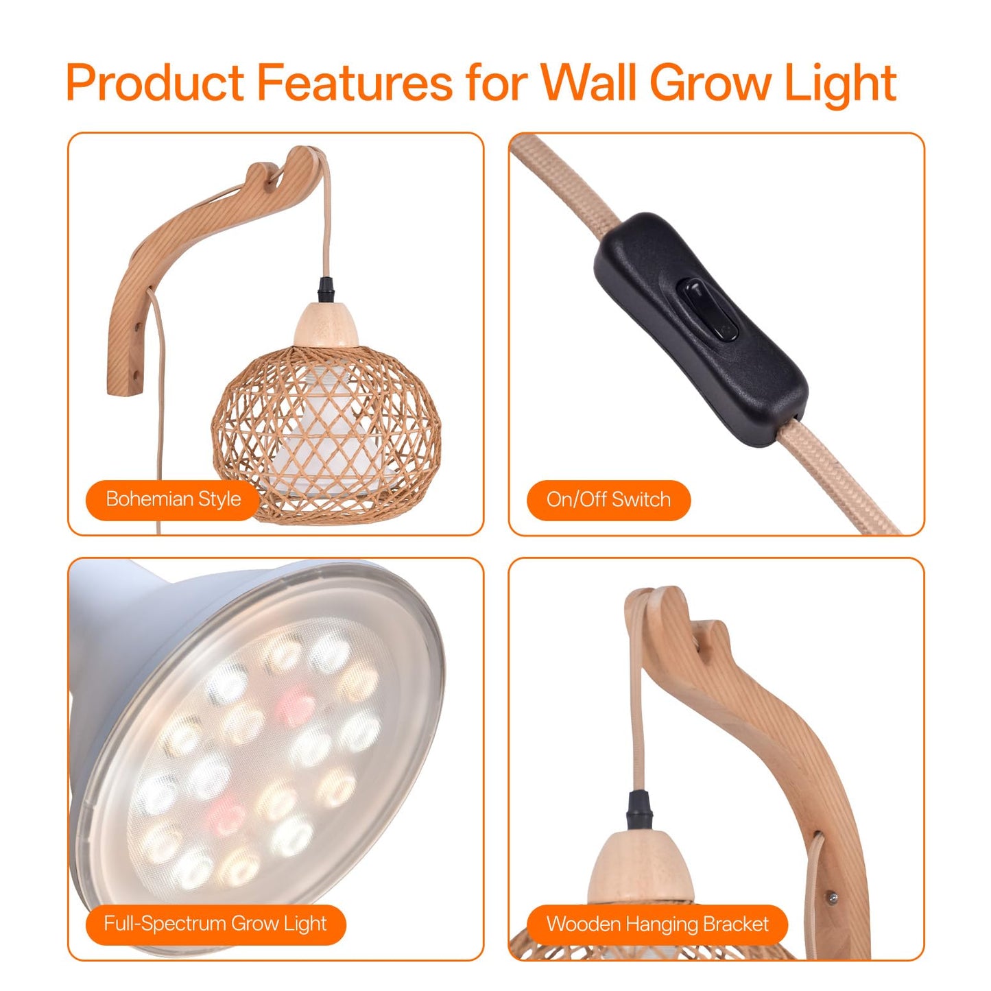 Bstrip Hanging Grow Lights for Indoor Plants, 18W Full Spectrum, Boho Rattan Lantern Shade, 3800K Wall-Mounted Decorative Plant Light with 9.8FT Power Cord, Ideal for Tall Plants, Flowers