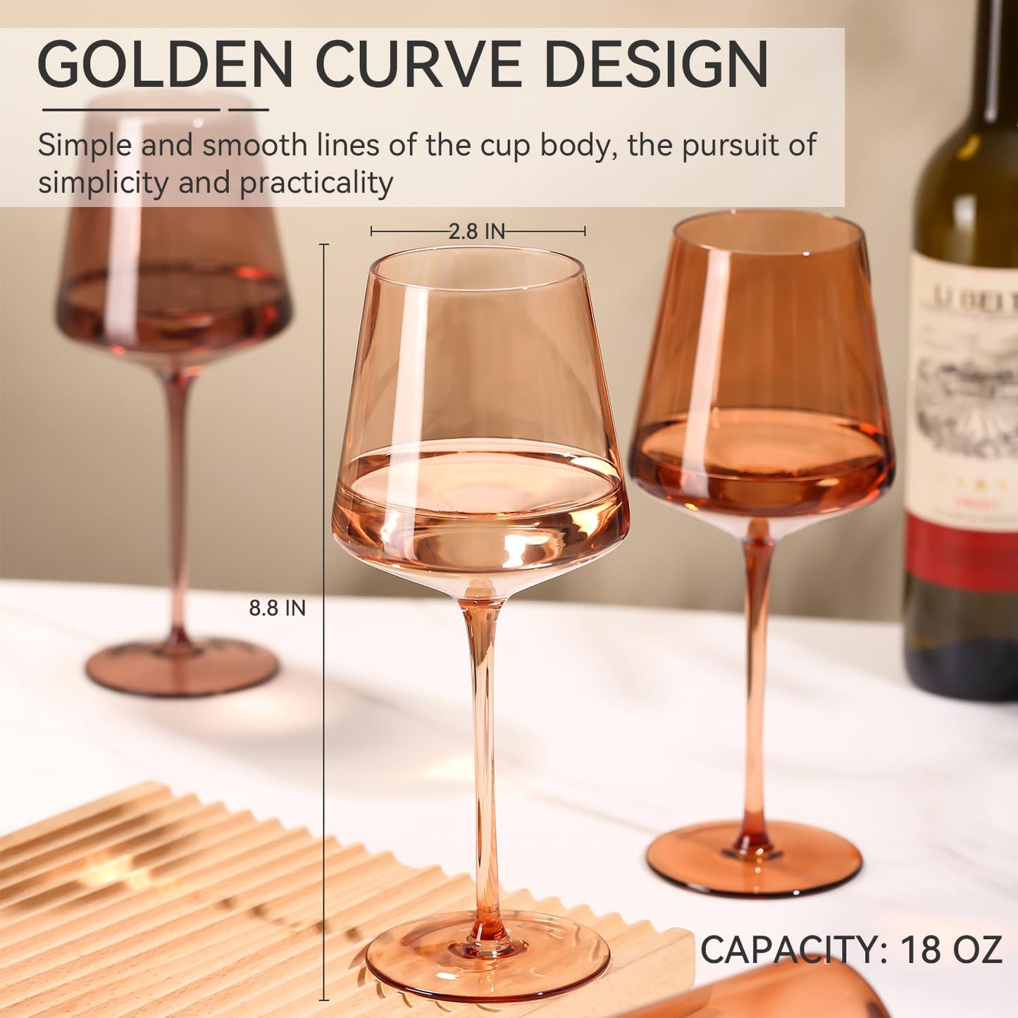 Venus Wine Glasses Set of 6-18oz【Hand Blown】 Crystal Amber Stemmed Wine Glasses-Brown Wine Glass Set for Fall Autumn Winter Wine Dinner