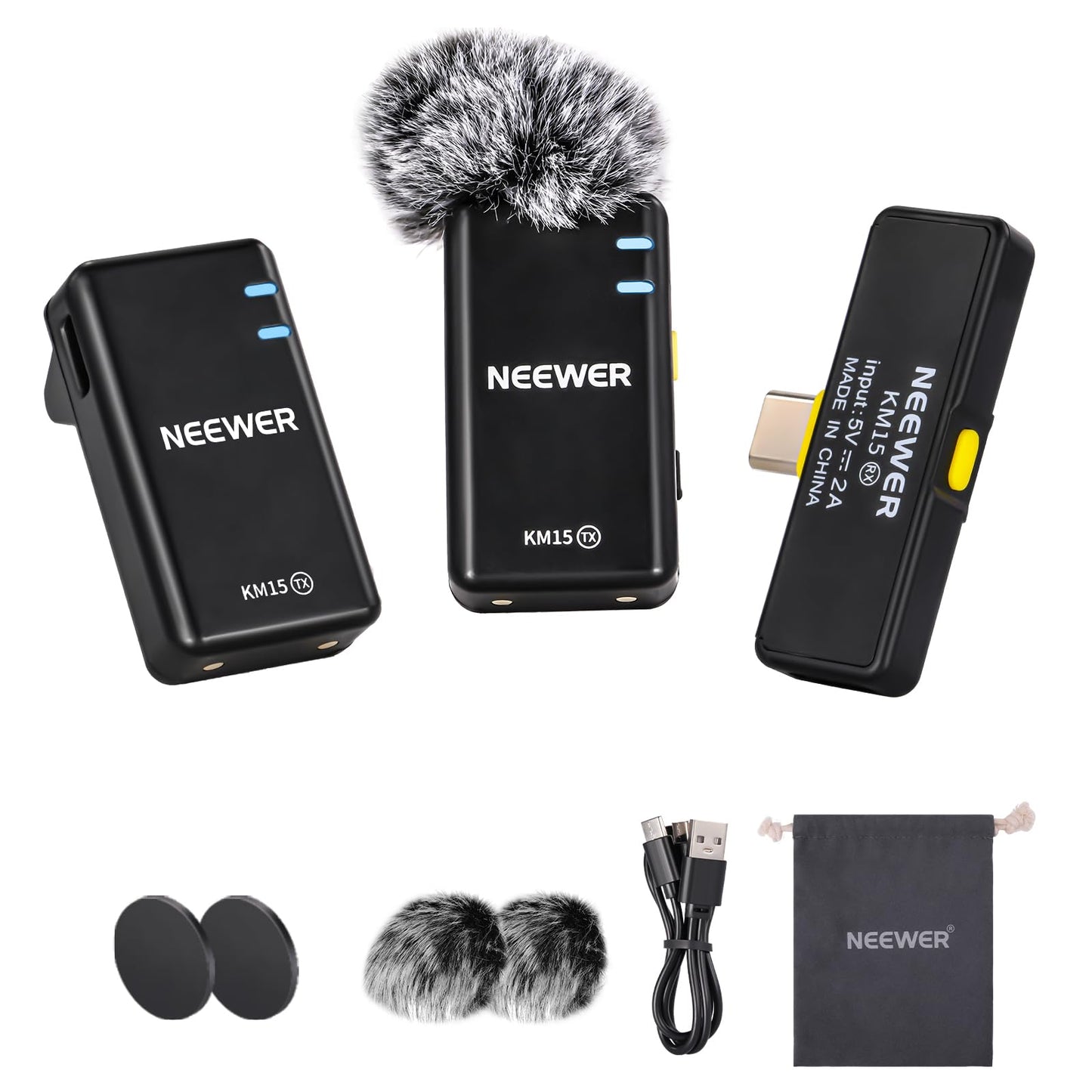 NEEWER Wireless Microphone Set, USB C Phone Lav Mic for iPhone 16 15 Pro Max iPad Android, Noise Cancelling Lapel Lavalier Microphone System, Video Recording Live Stream Podcast, KM15