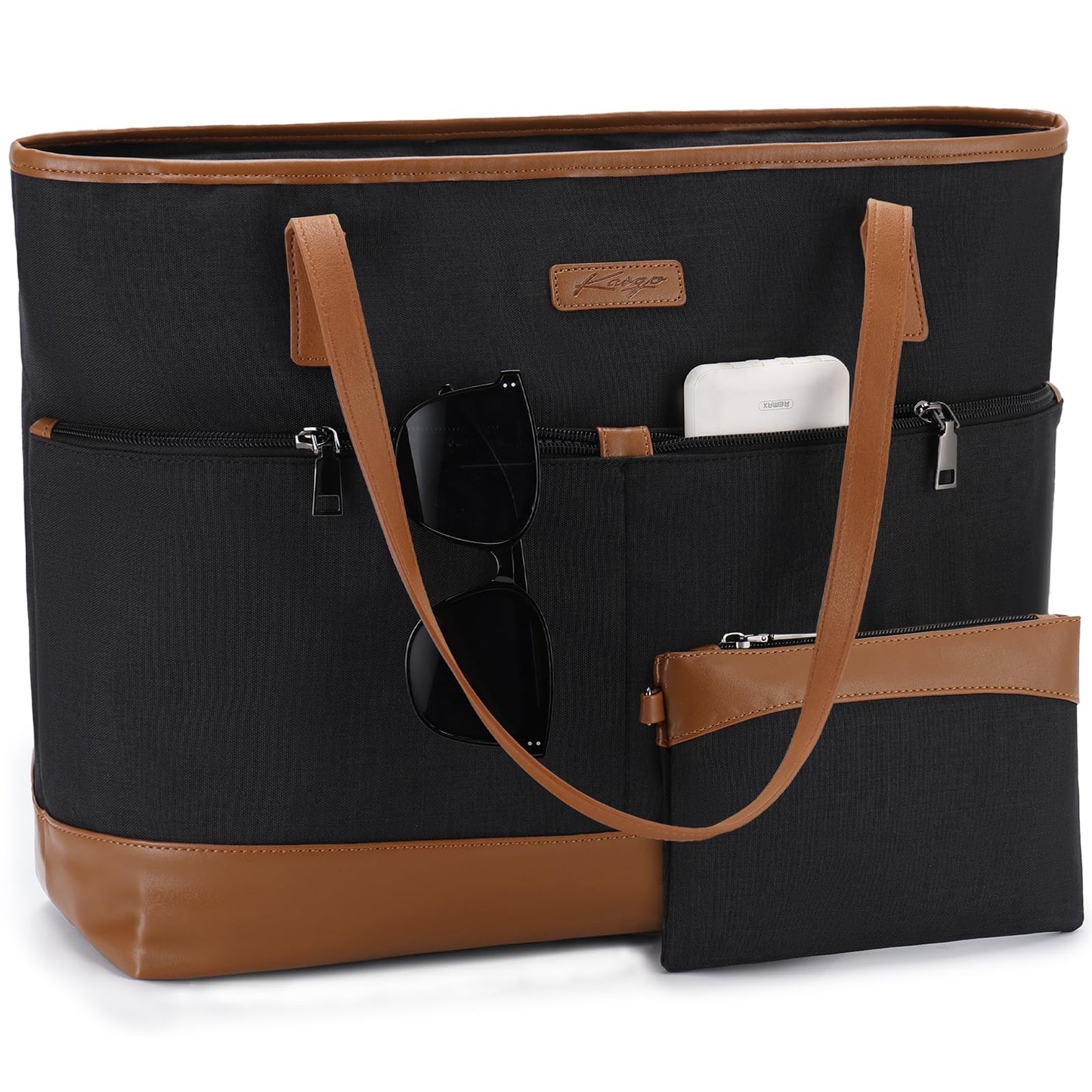 Kasqo Laptop Tote Bag for Women, 15.6 Inch Water Resistant Work Computer Purse Large Shoulder Bag Briefcase Travel Handbag for Office Bussiness with Luggage Sleeve Black and Brown