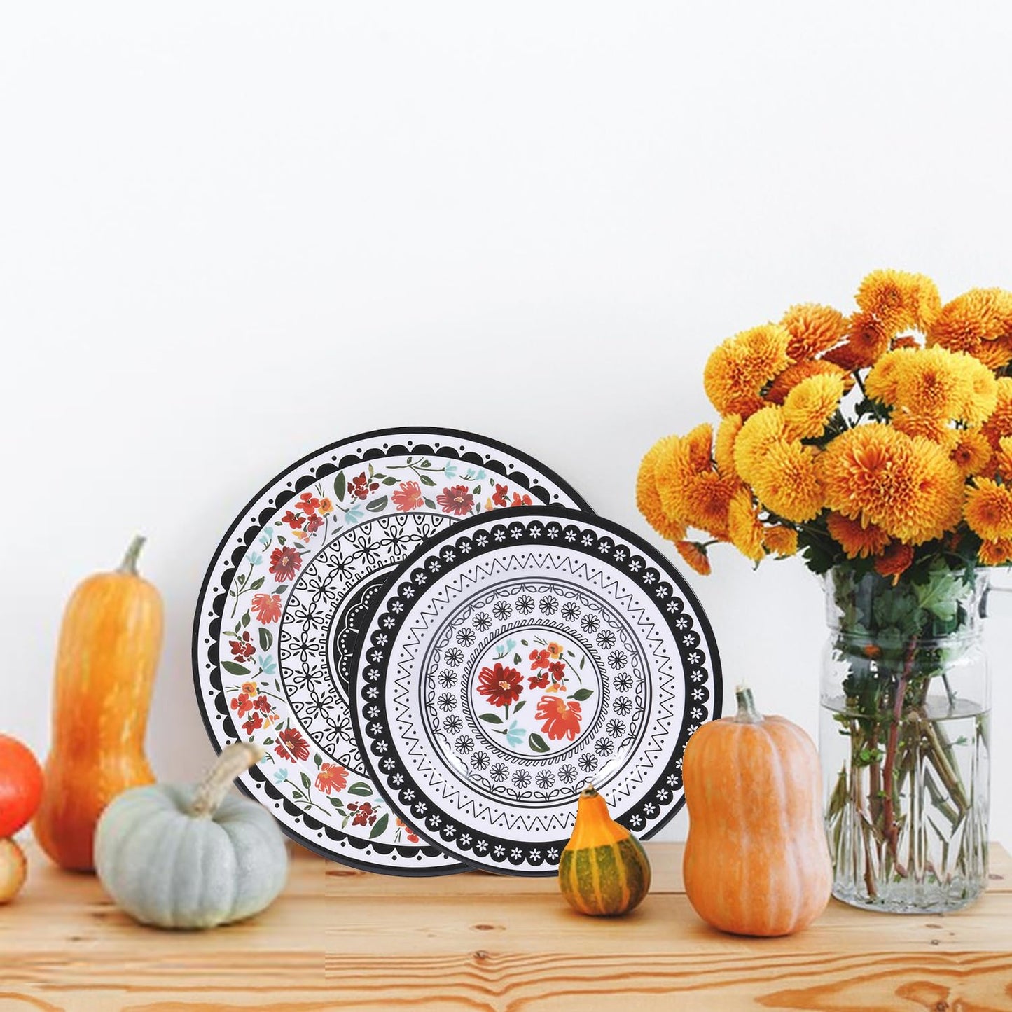 Gofunfun 12-Piece Melamine Dinnerware Sets,Unbreakable Dinnerware for Indoor and Outdoor Use, Dishwasher Safe, Lightweight Dinner Service for 4, Black and White, Retro Flower, ZS-DM011