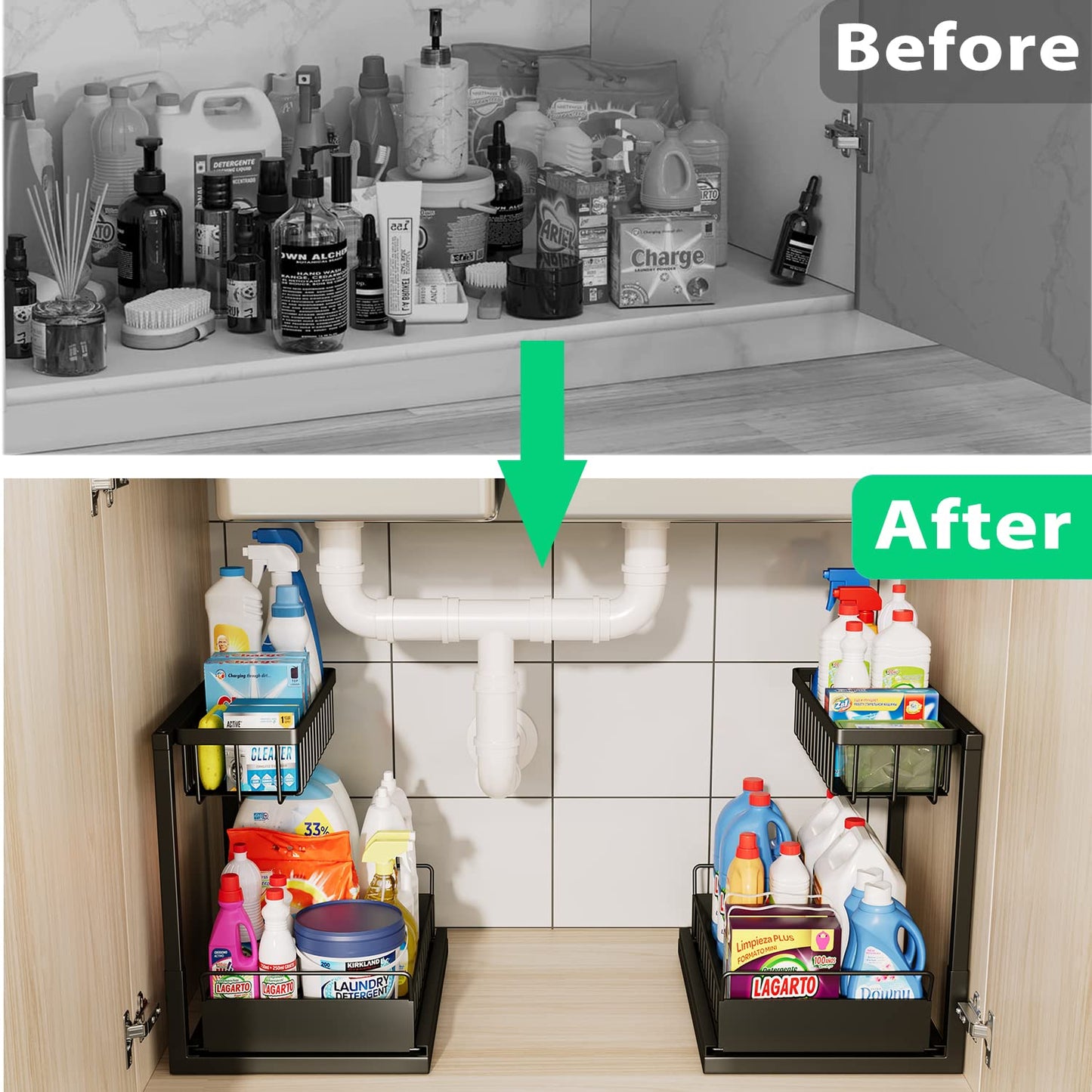 ADRIMER Under Sink Organizer, Pull Out Kitchen Sink Organizer, 2 Tier Slide Out Kitchen Organizers and Storage Metal Under Cabinet Storage Shelf, Black