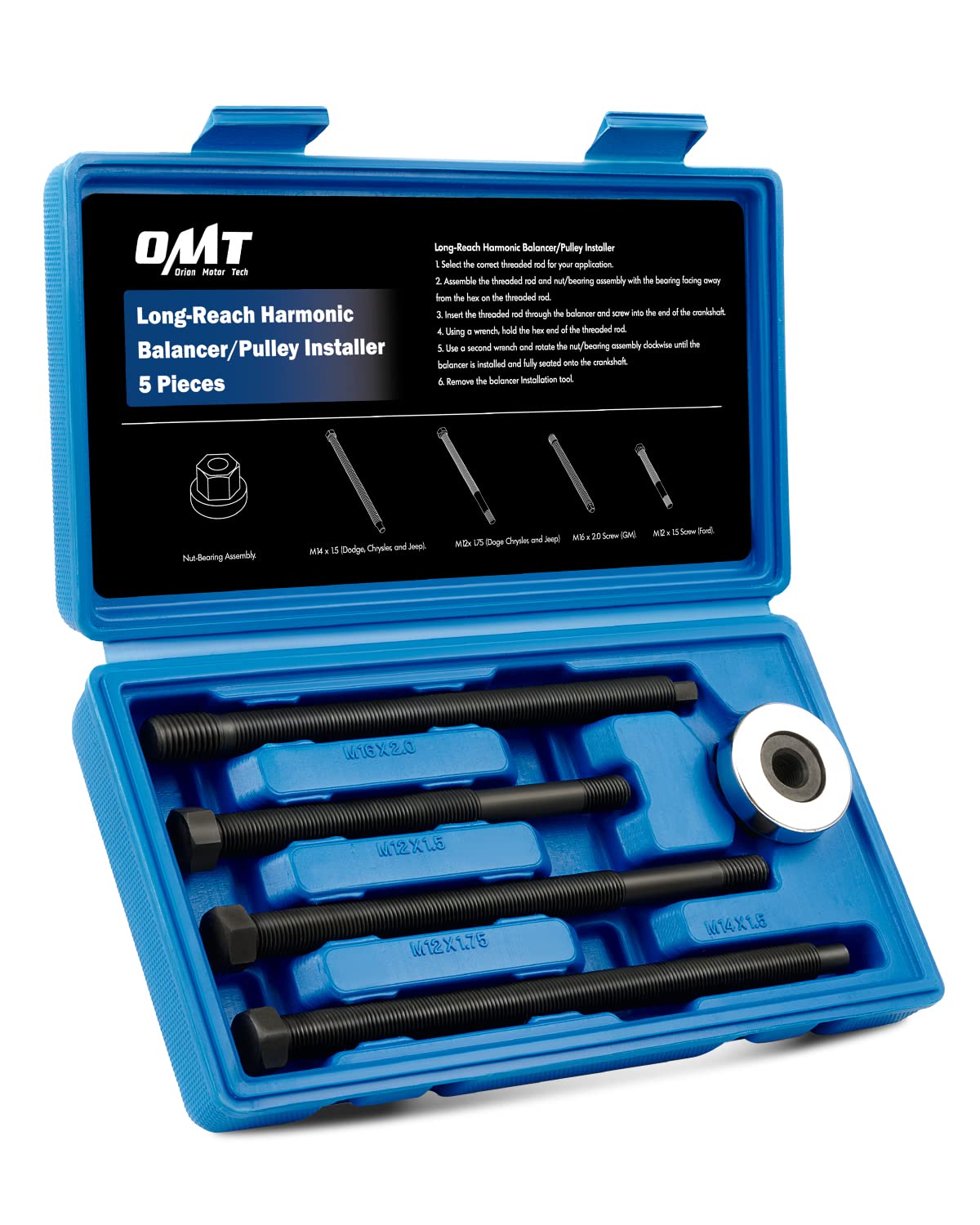 Orion Motor Tech Harmonic Balancer Installer Set Compatible with Ford Dodge GM, 5pc Long Reach Crank Pulley Underdrive Pulley Damper Installation Tool for V8 and V6 Engines with 4 Adapters