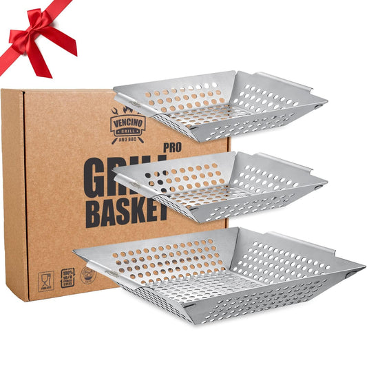 3 Pack Grill Basket Set - Grill Baskets for Outdoor Grill, Heavy Duty Stainless Steel Vegetable Grill Basket, Grilling Basket for Veggie & Kabob, 5-Star Grilling Accessories for All Grills & Smokers
