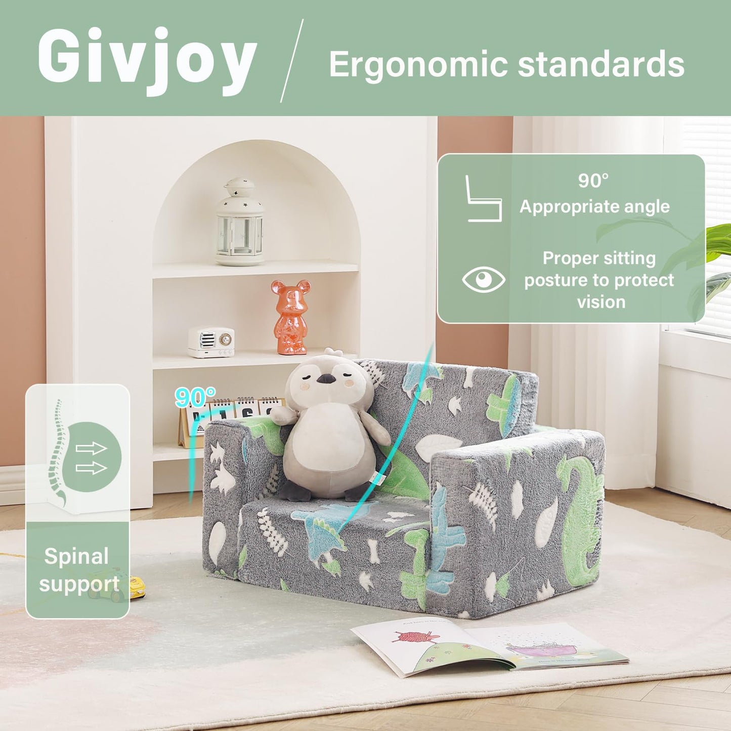 Givjoy Toddler Chair Kids Couch, 2-in-1 Comfy Armchair with Removable and Washable Cover Carrying Handle, Convertible Reading Chair Toddler Couch for Girls and Boys