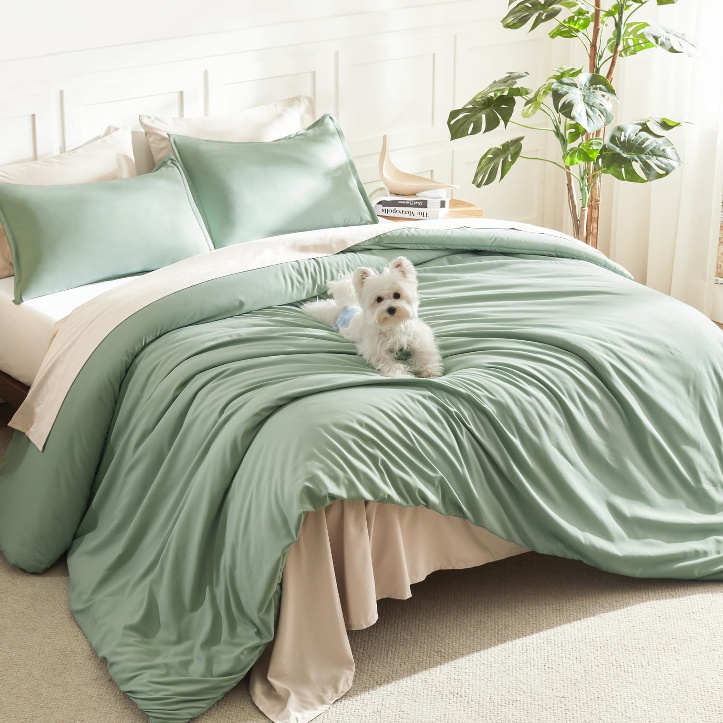 Litanika Queen Comforter Set Sage Green, 3 Pieces Lightweight Comforters Queen Size Solid Bedding Comforters Sets, Down Alternative Comforter Bed Set Quilt Blanket