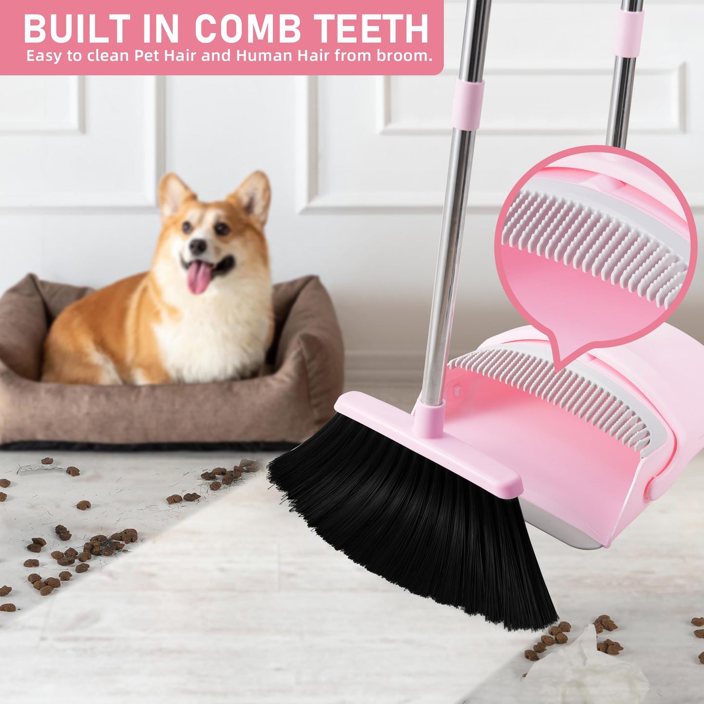 BSKLIN Pink Broom and Dustpan Set, 52” Long Adjustable Handle Broom with Dustpan Combo Set with Dust Pan Teeth to Clean Hair for Home Lobby Office