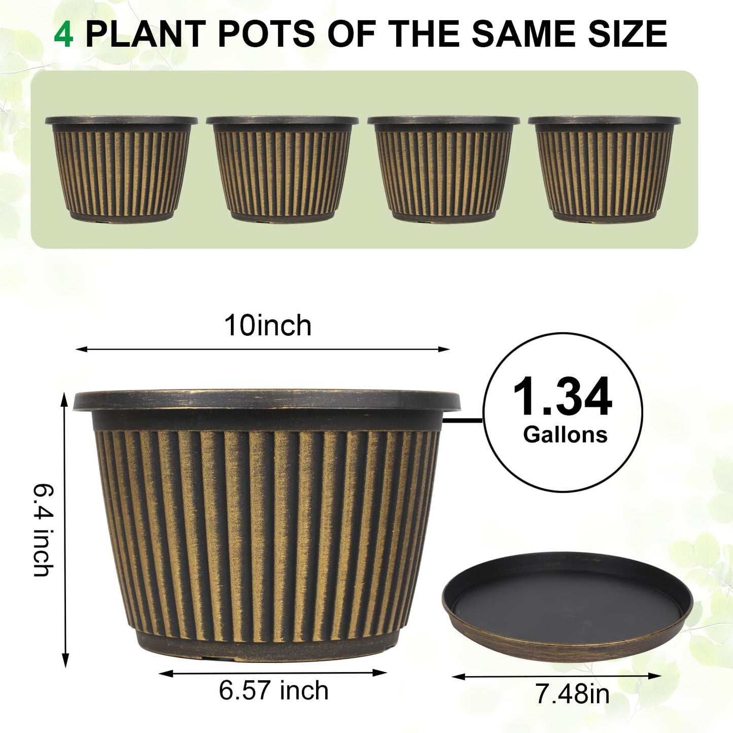10 Inch Planter-Pots-for-Plants-Indoor-Outdoor, 4 Pack Plastic Flower Pots with Saucer & Drainage Holes, Modern Decorative Resin Garden Pots for Planting Medium Large Plants