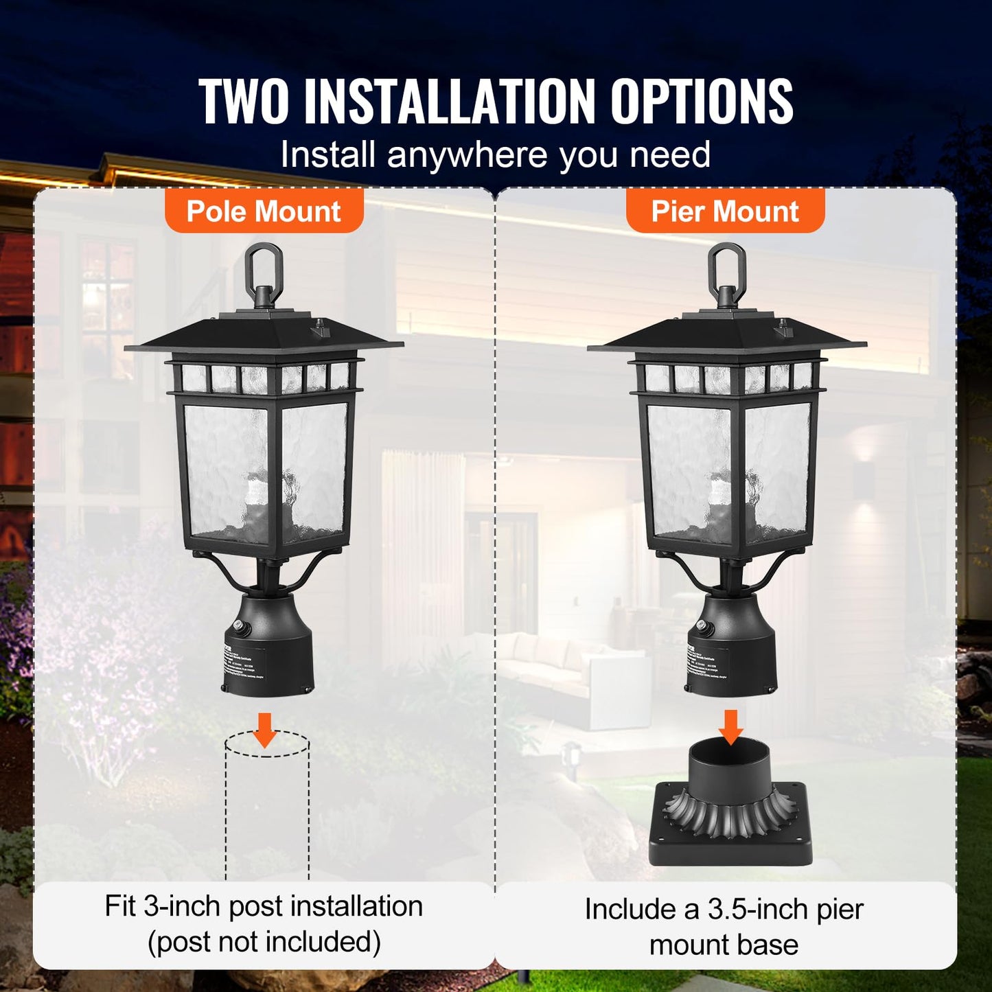 VEVOR 2 Pack Dusk to Dawn Outdoor Post Light, 15.75 in, Waterproof Lamp Post Light Fixtures with 3.5 in Pier Mount Base Glass Shade, Lightning-proof Exterior Pole Column Light for Patio Garden Pathway